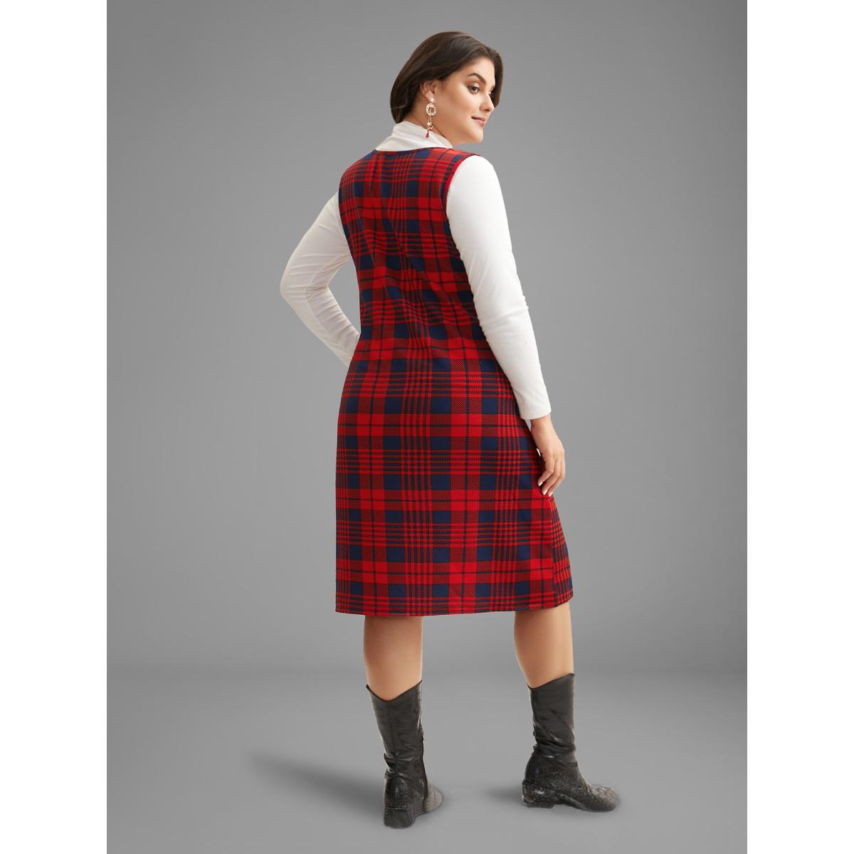 Plus Size Holiday Plaid Sleeveless Stretch Midi Dress Crimson Women Casual Button Party Curvy Bloomchic 14-16/1X Product Image