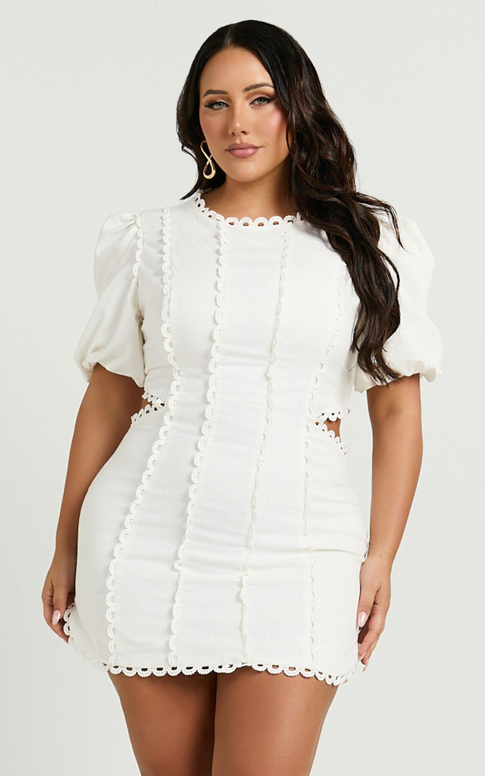 Laila Mini Linen Blend Dress - High Neck Side Cut Out Puff Sleeve Straight Dress in Off White Product Image
