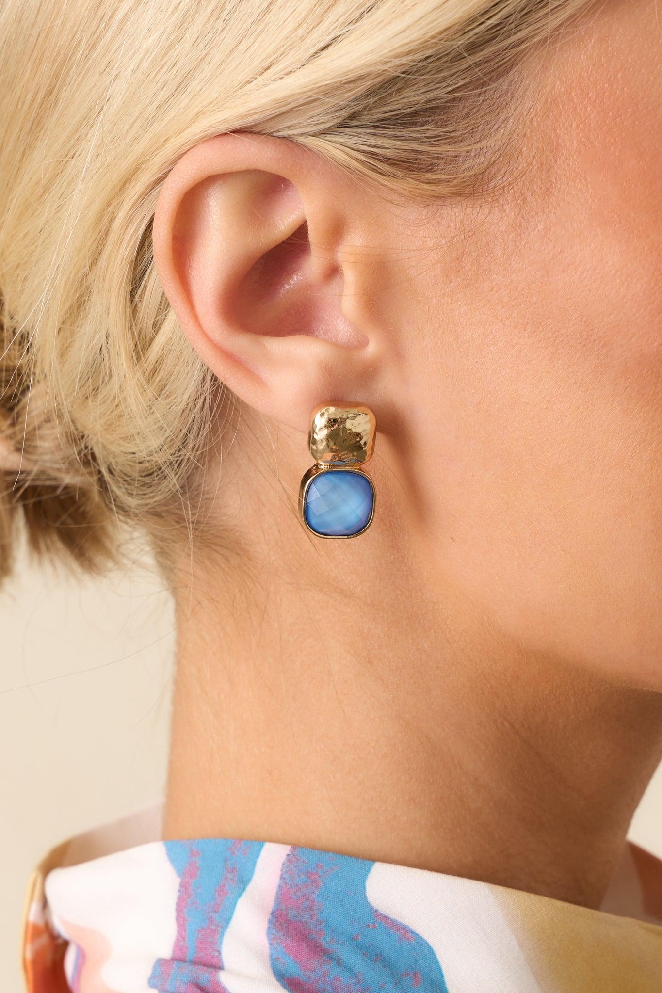It's The Small Things Gold Textured Blue Stone Earrings Product Image