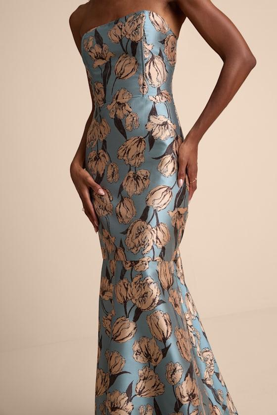 Gowning Around Slate Blue Floral Jacquard Strapless Maxi Dress Product Image