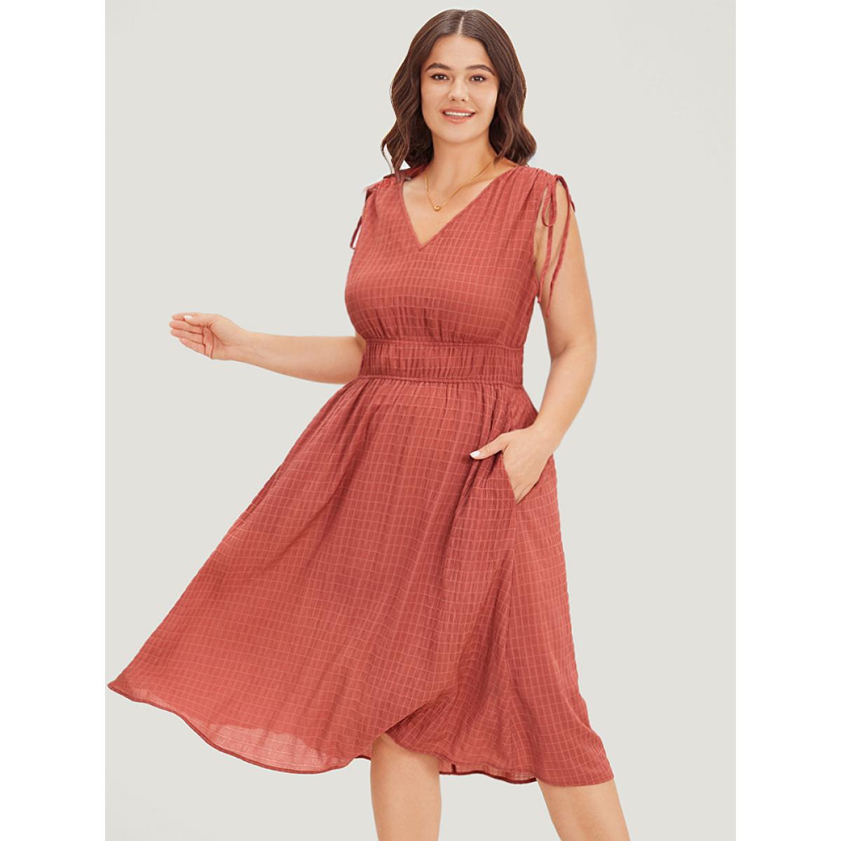 Plus Size V Neck Drawstring Sleeveless Pocket Elastic Waist Dress Coral Women Elegant Gathered V-neck Sleeveless Curvy Midi Dress BloomChic 12/L Product Image