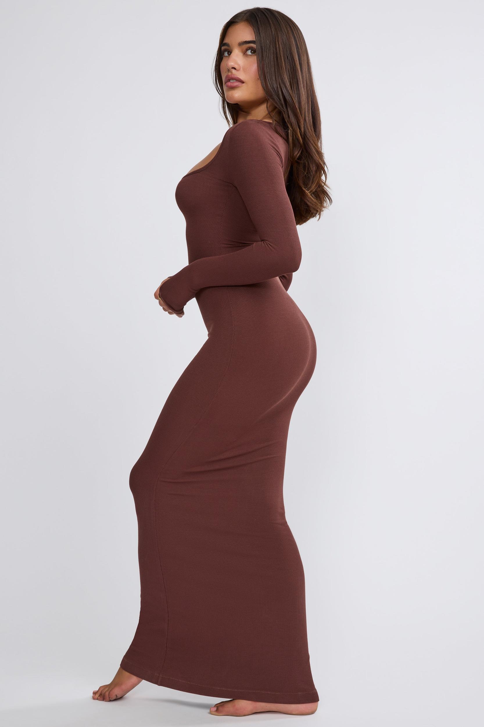 Ribbed Modal Long Sleeve Maxi Dress in Chocolate Product Image