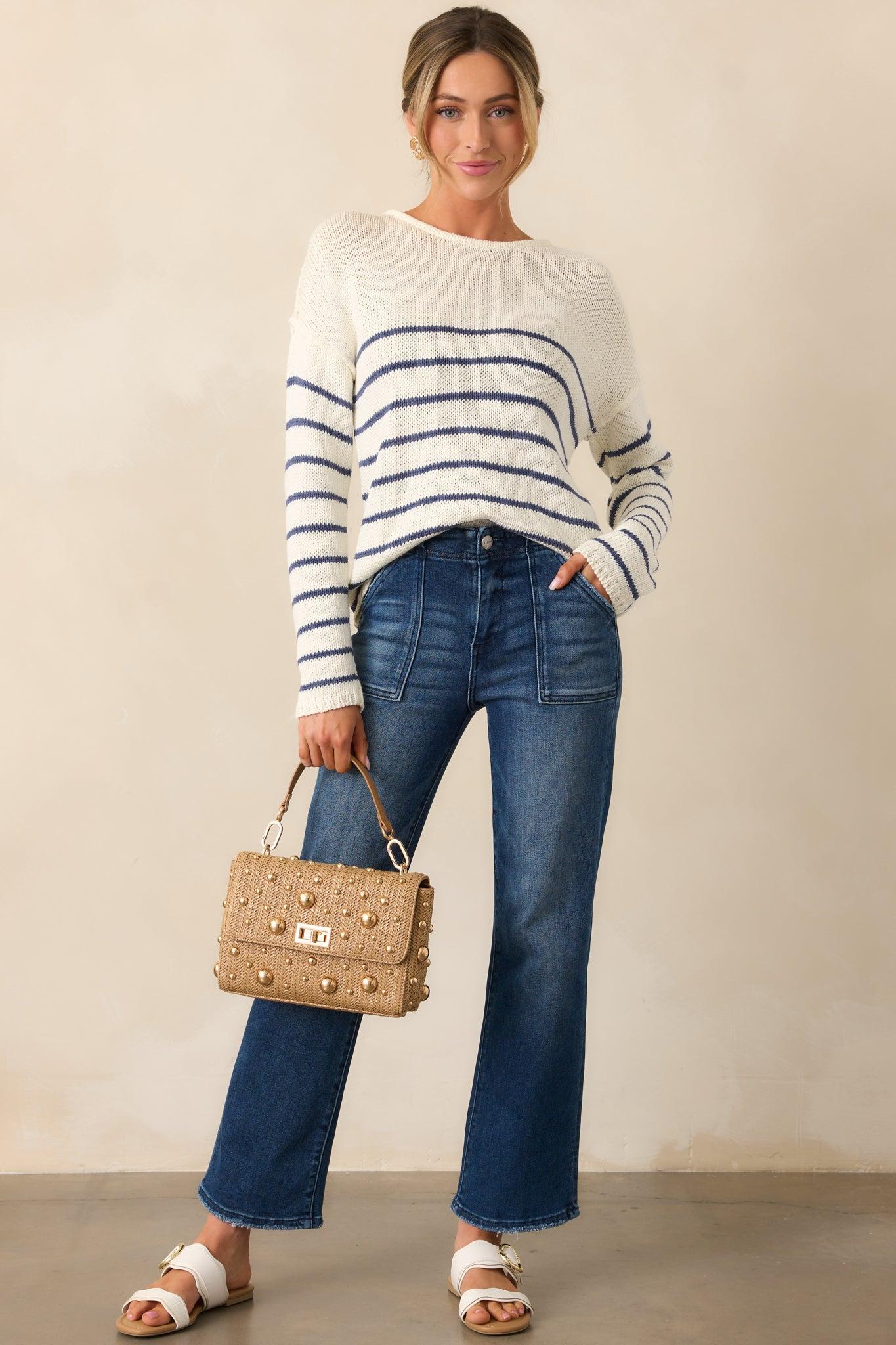 Sailboat At Sunset Ivory Lightweight Knit Stripe Sweater Product Image