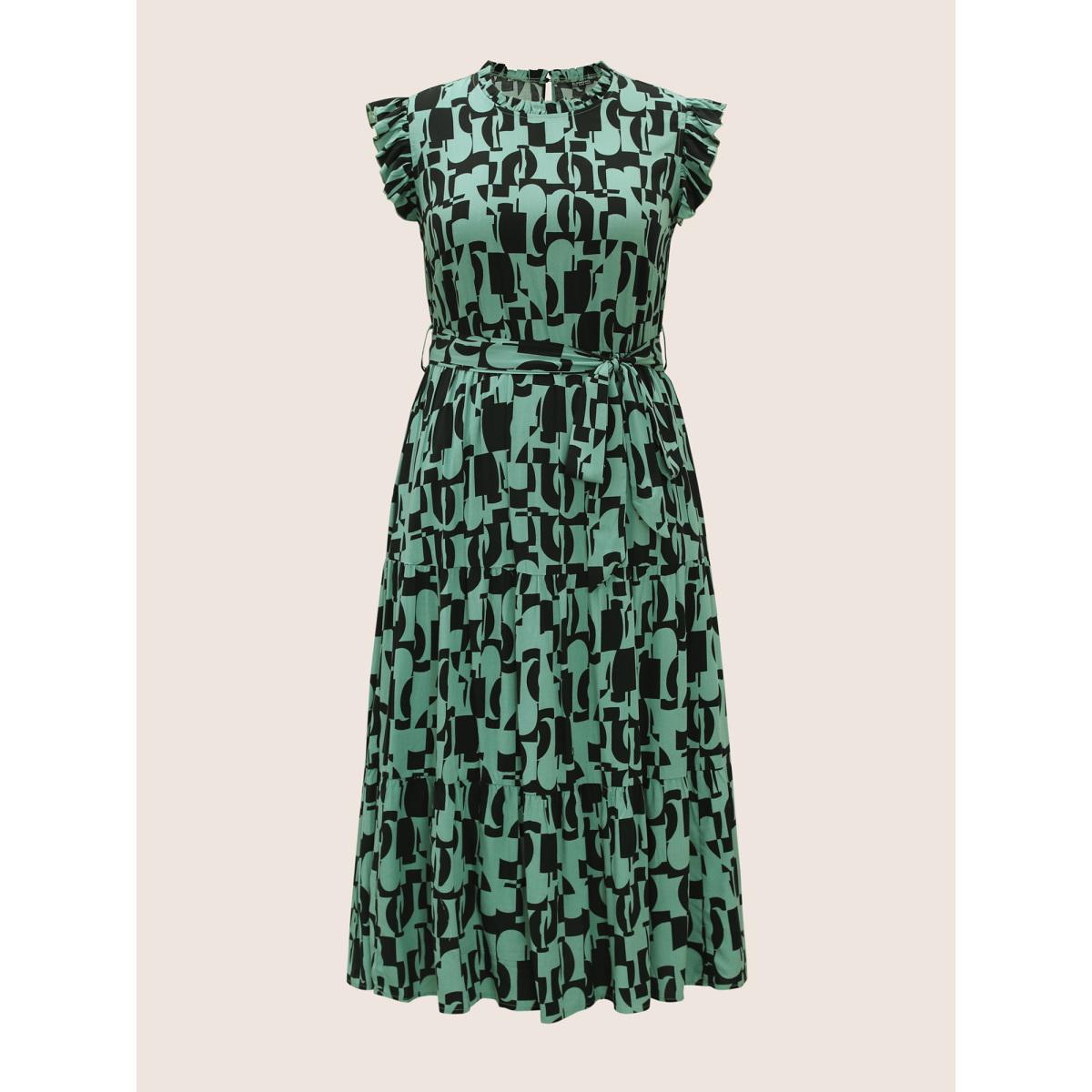Plus Size Geometric Mock Neck Ruffles Trim Belted Dress Emerald Women At the Office Belted Mock Neck Cap Sleeve Curvy BloomChic 18-20/2X Product Image