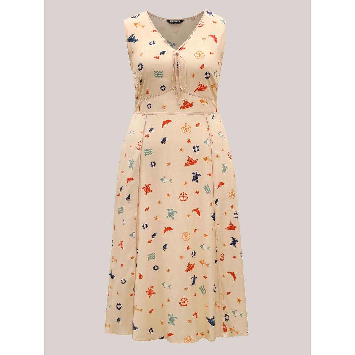 Plus Size Rayon Ocean Print Cinched Waist Midi Dress Tan Women V-neck Sleeveless Curvy BloomChic 26/4X Product Image