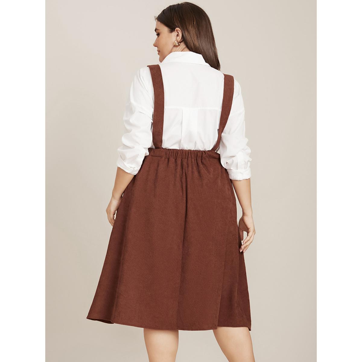 Plus Size Solid Button Detail Pocket Corduroy Suspender Skirt Women Brown Elegant Plain Loose No stretch Pocket Dailywear Skirts BloomChic 10/M Product Image