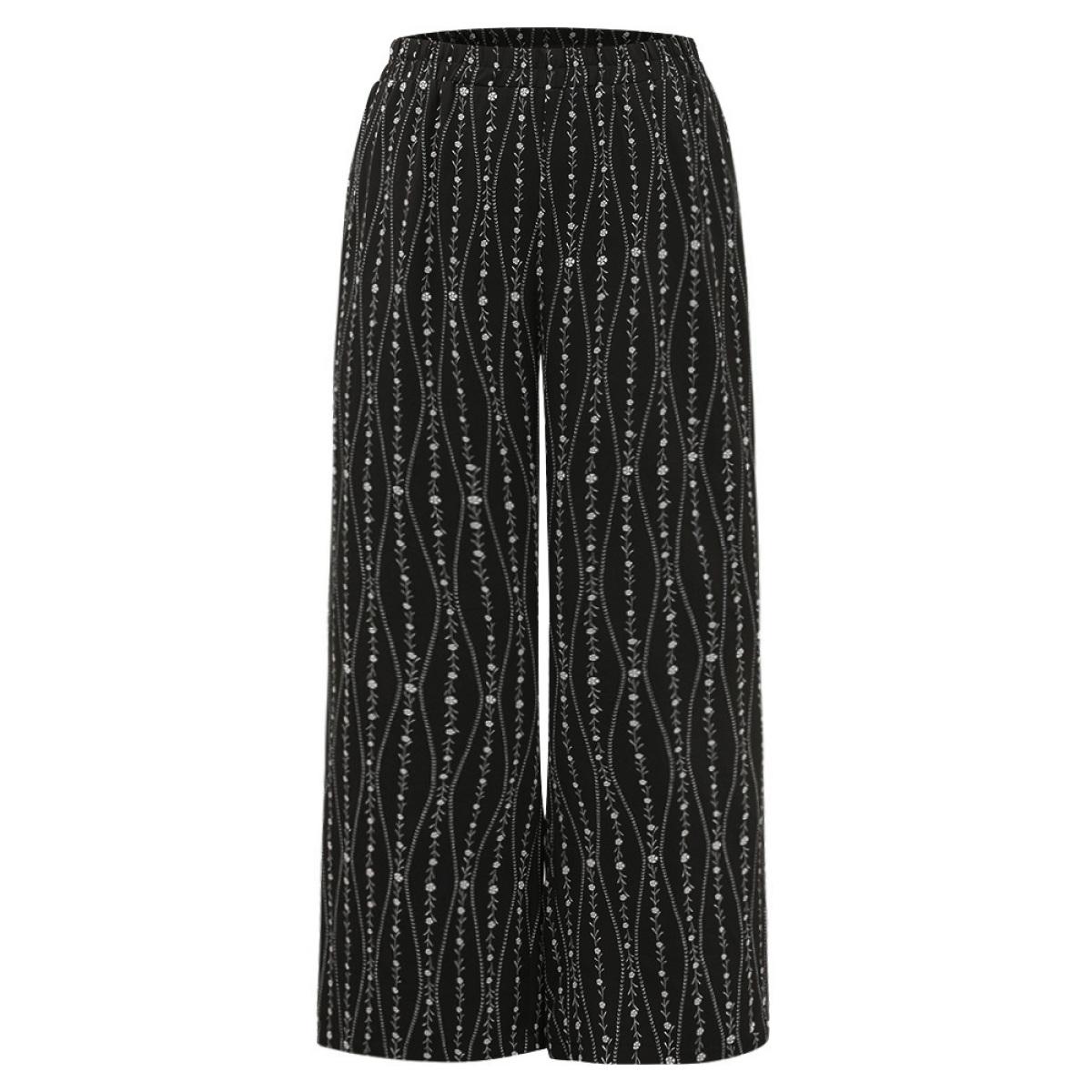 Plus Size Striped Ditsy Floral Elastic Waist Pants Women Black Vacation Straight Leg High Rise Dailywear Pants BloomChic 18-20/2X Product Image