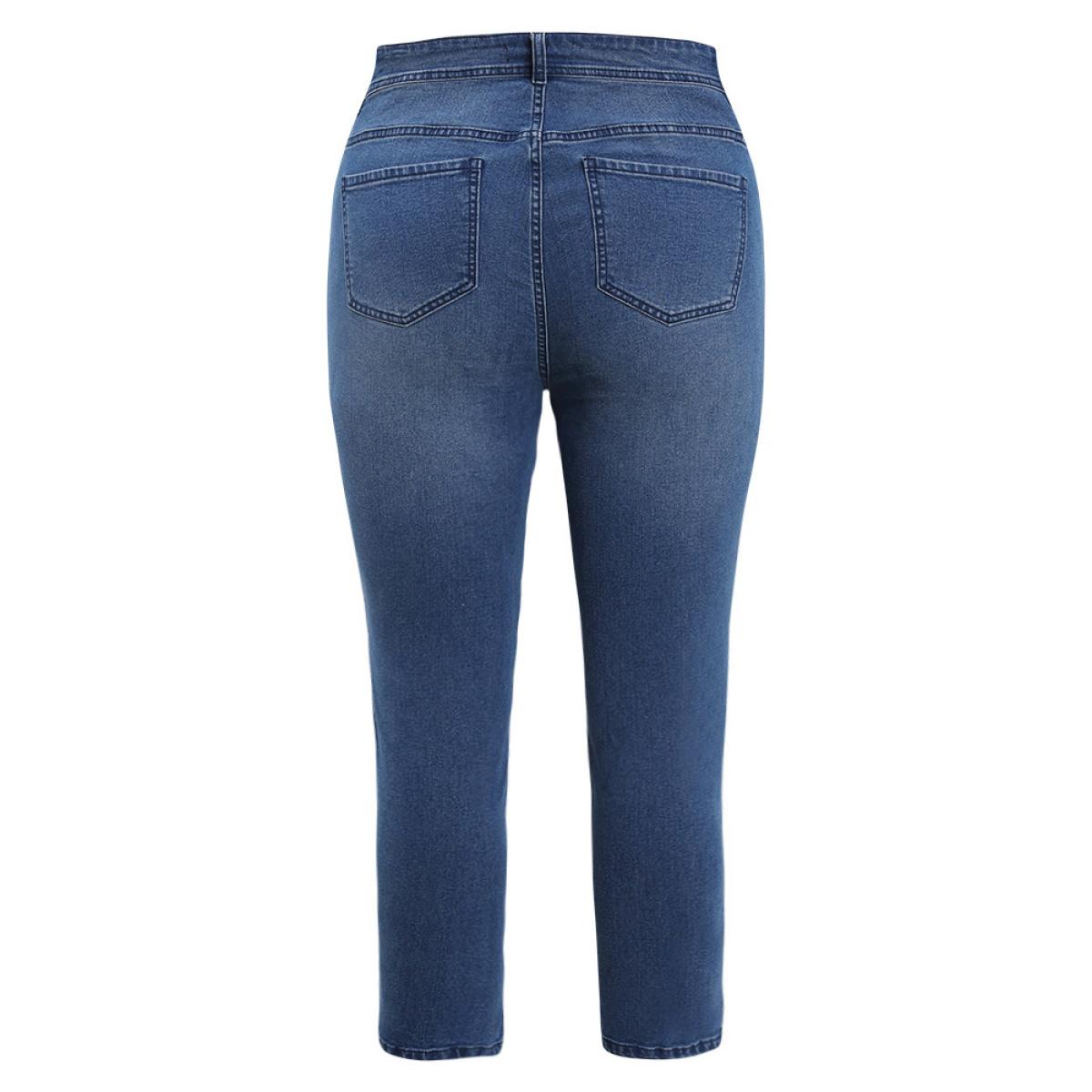 Plus Size Very Stretchy Medium Wash Geometric Embroidered Jeans Women Indigo Casual Plain Embroidered High stretch Jeans BloomChic 12/L Product Image