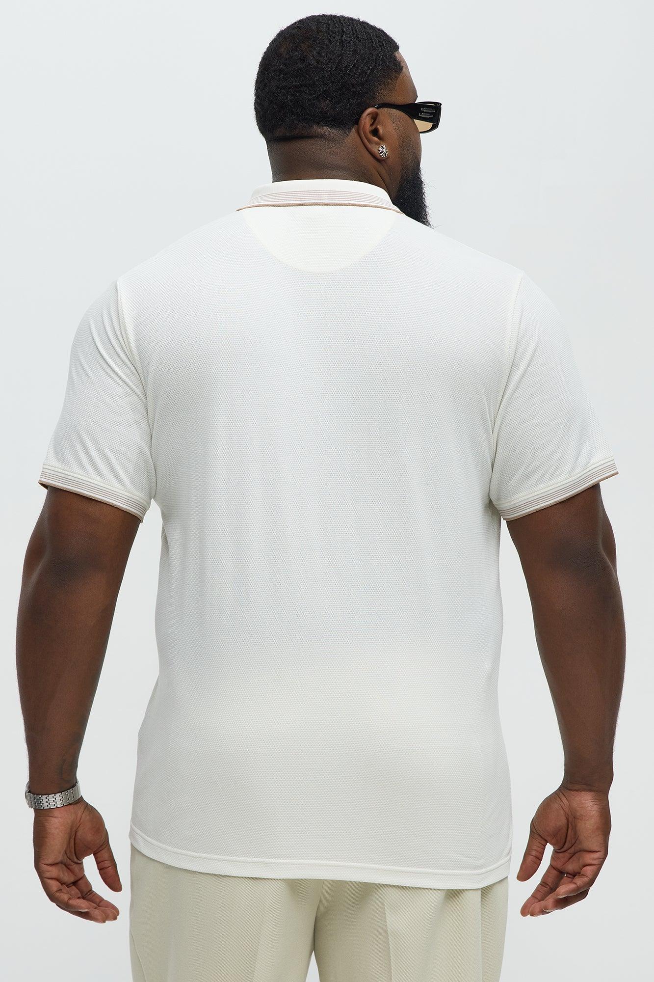 Striped Zip Collar Textured Polo - Off White Product Image