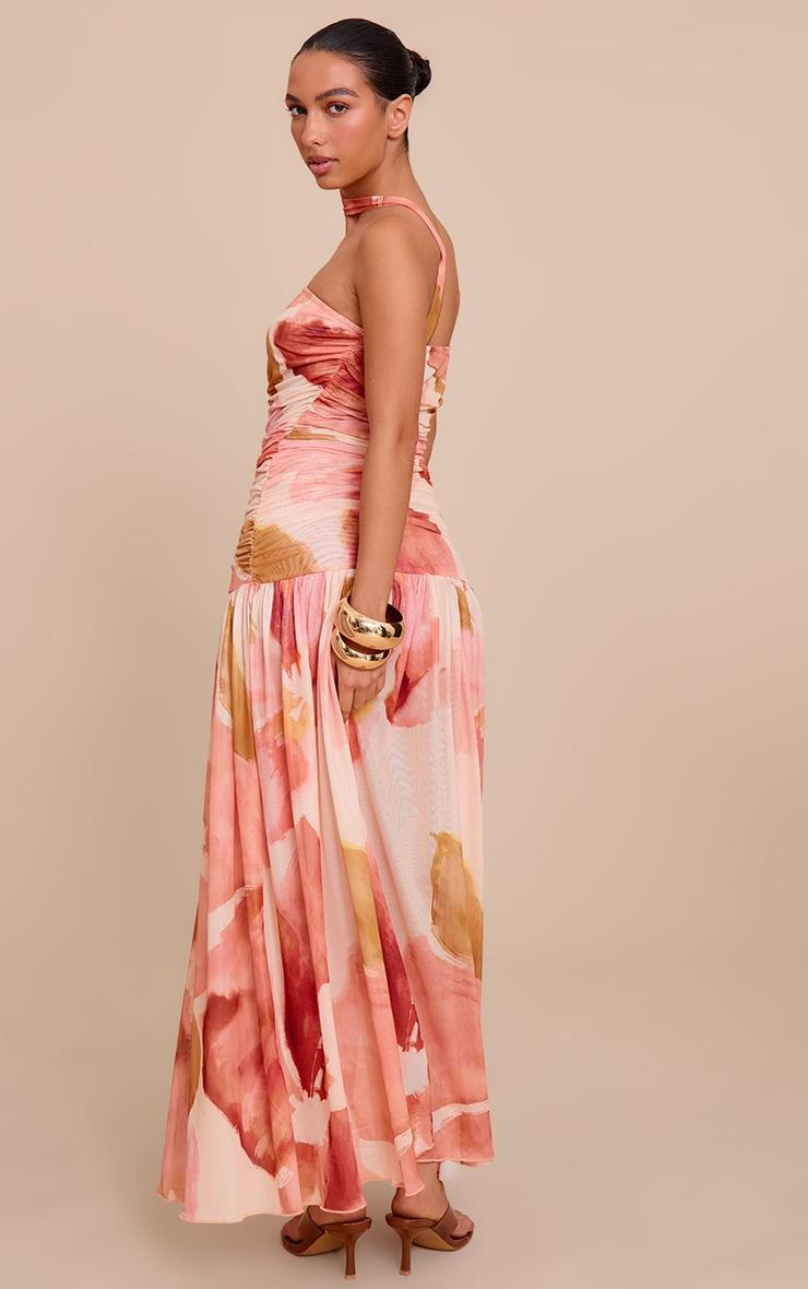 Stone Floral Print Ruched Scarf Dropped Waist Maxi Dress Product Image