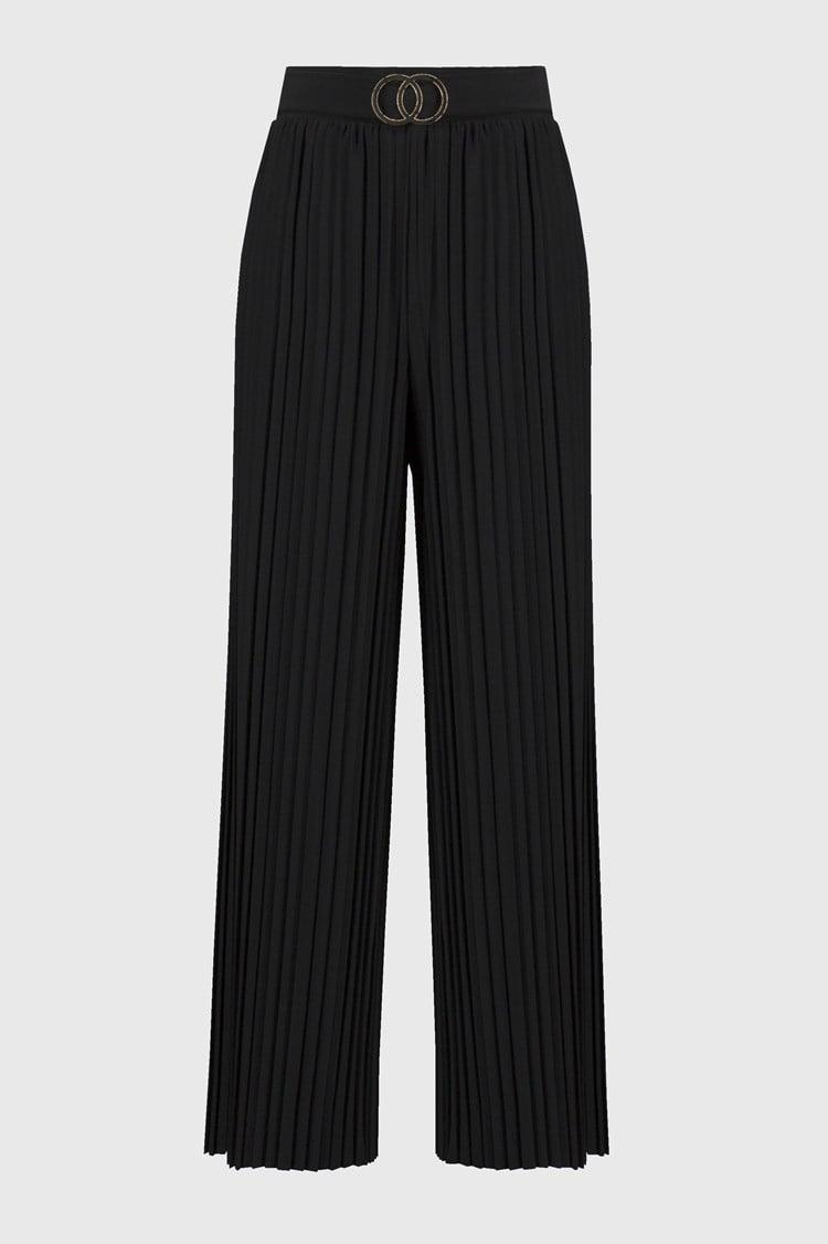 Pleated Silky Knit Wide-Leg Pants- Black Product Image