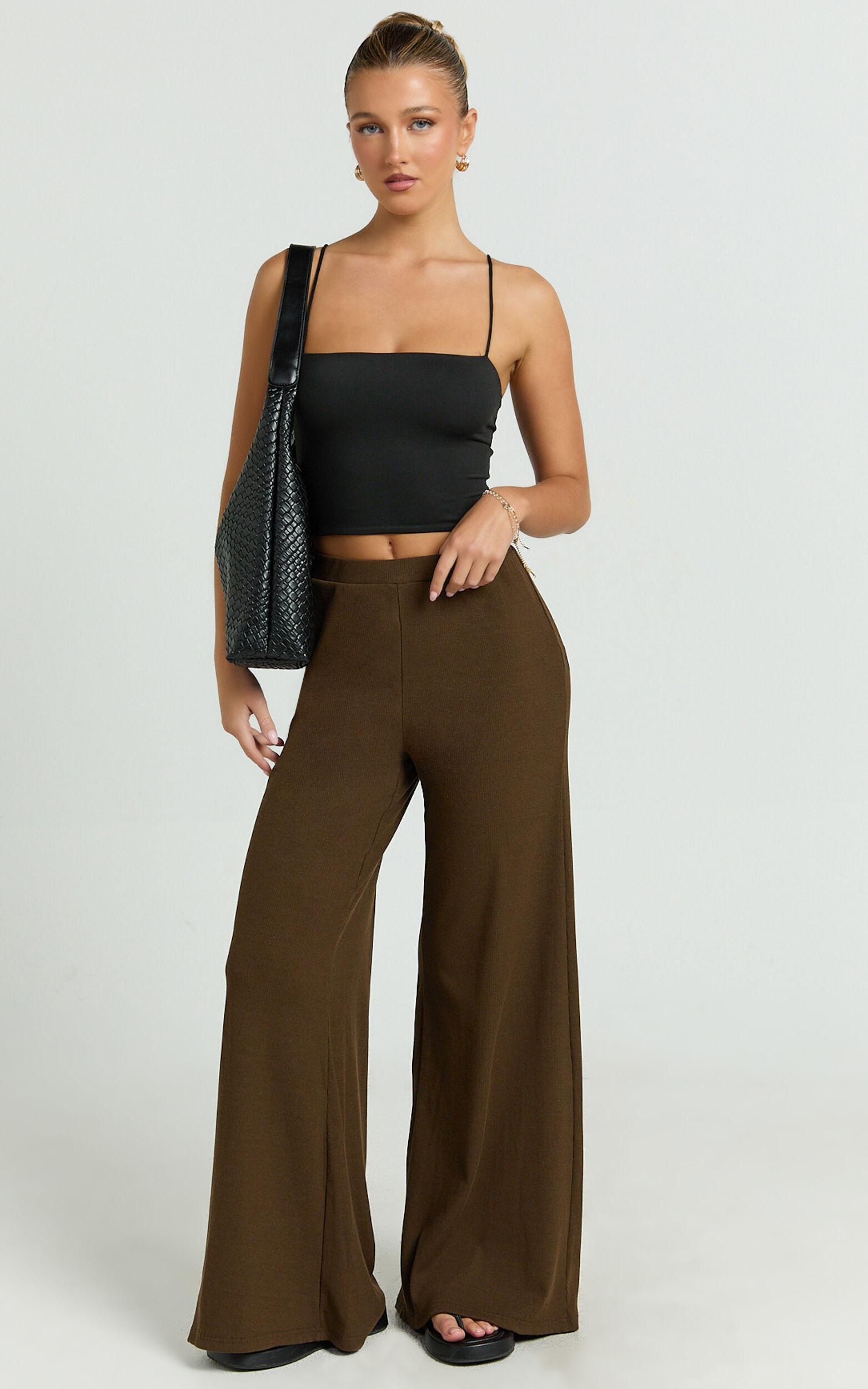 Amalthea Pants - High Waisted Jersey Rib Wide Leg Pants in Chocolate Product Image