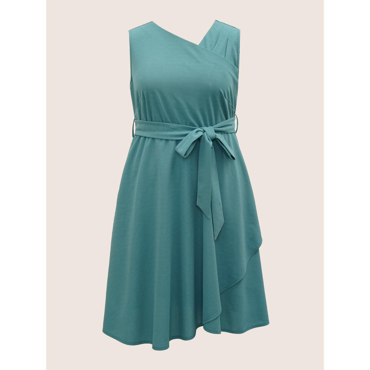 Plus Size Asymmetrical Neck Pleated Belted Sleeveless Dress Emerald Women At the Office Non Asymmetrical Neck Sleeveless Curvy Midi Dress BloomChic 22-24/3X Product Image