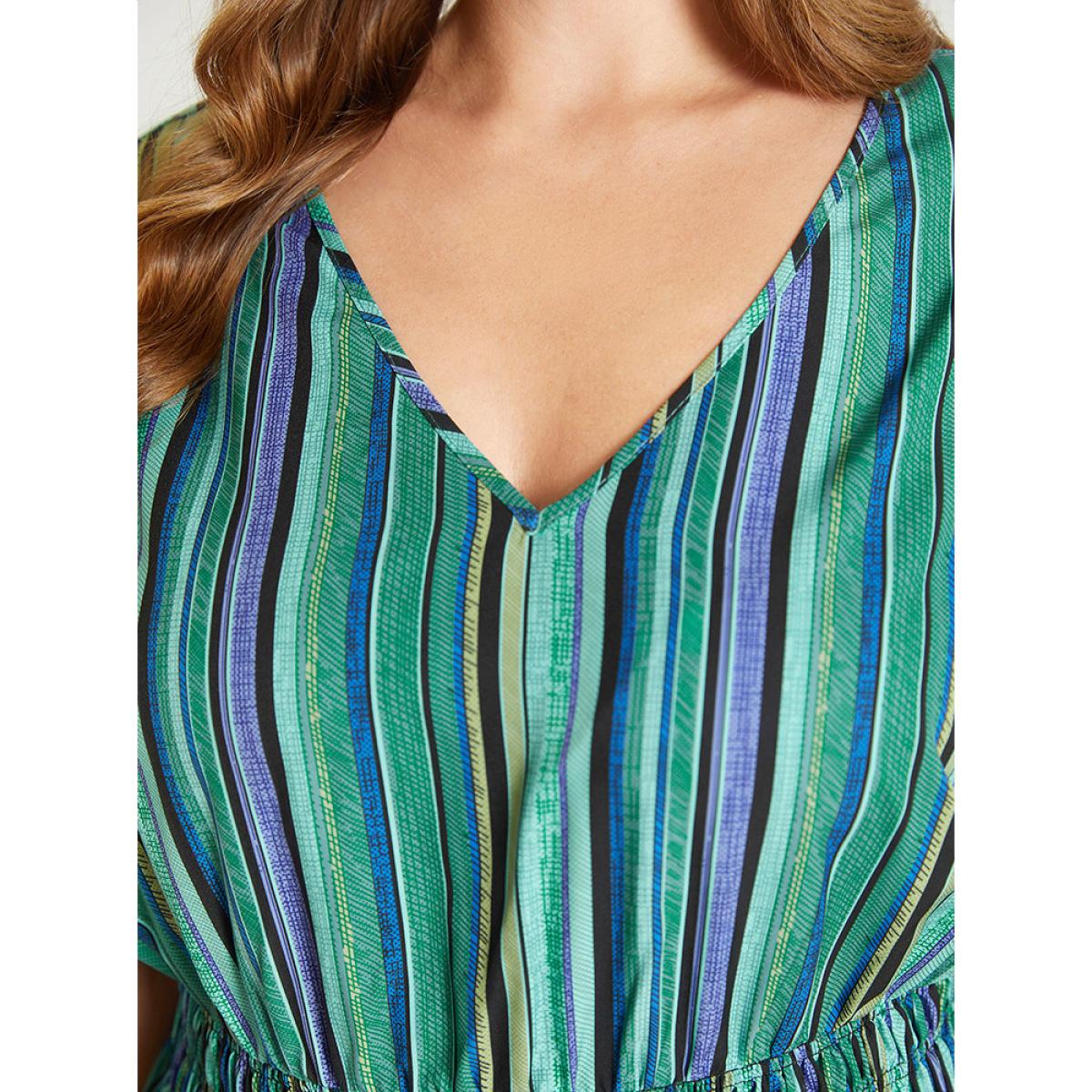 Plus Size Striped Contrast Pocket Knot Shirred Batwing Sleeve Dress Green Women Vacation Gathered V-neck Short sleeve Curvy Midi Dress BloomChic 10/M Product Image