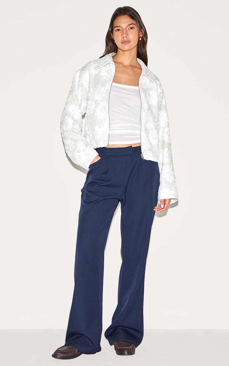 White Floral Detail Boxy Zip Up Jacket Product Image