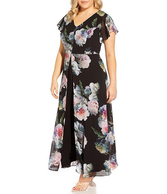 Adrianna Papell Plus Size Floral Printed V-Neck Flutter Short Sleeve Overlay Jumpsuit Product Image