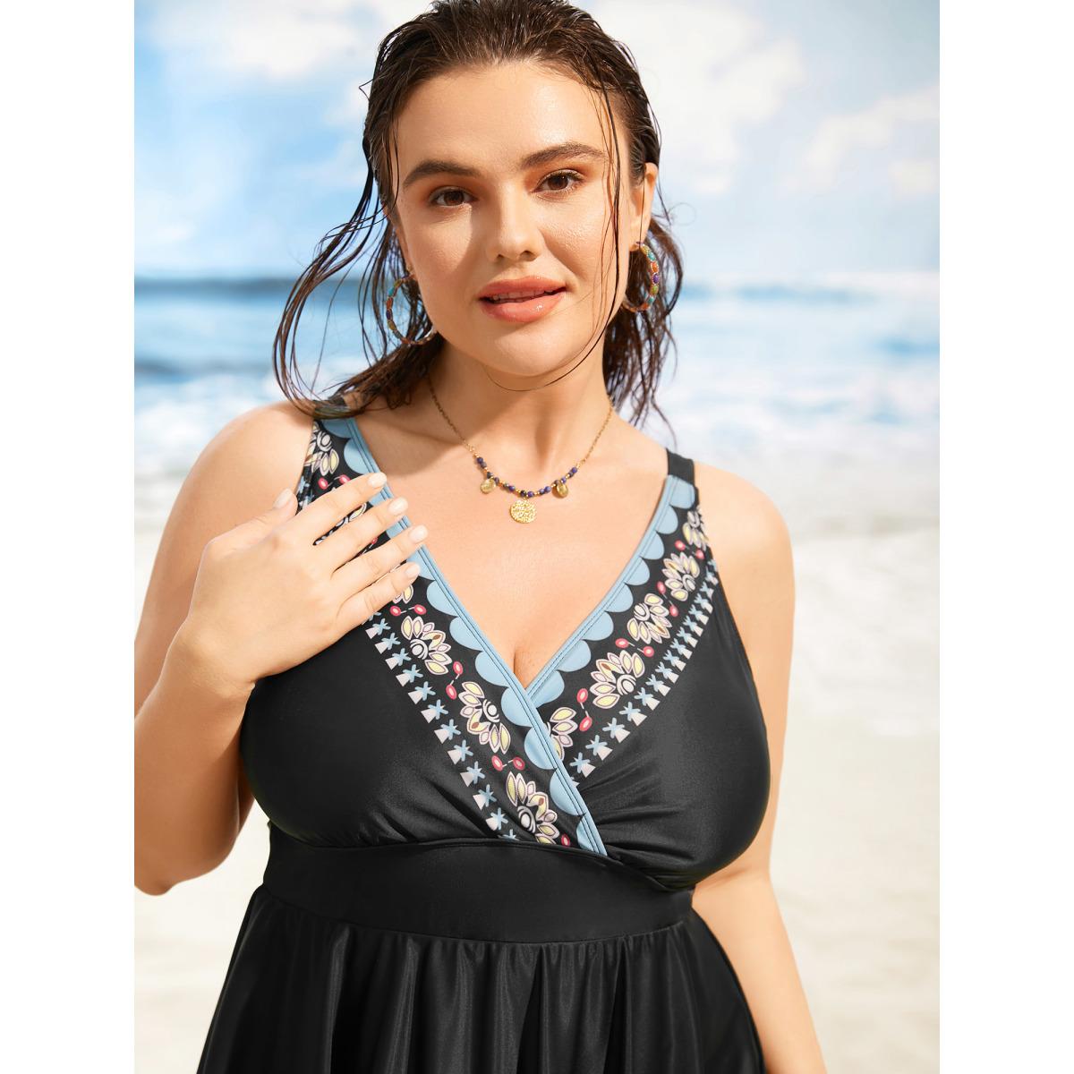Plus Size Overlap Collar Boho Print Hanky Hem Swim Dress Women's Swimwear Black Beach Bodycon Overlap Collar High stretch Curve Swim Dresses BloomChic 26/4X Product Image