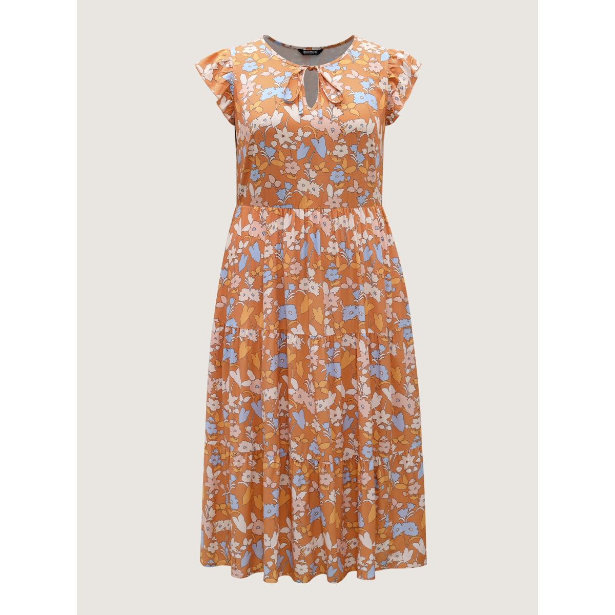 Plus Size Rayon Floral Stretchy Waist Pockets Midi Dress Lightorange Women Notched collar Cap Sleeve Curvy BloomChic 26/4X Product Image