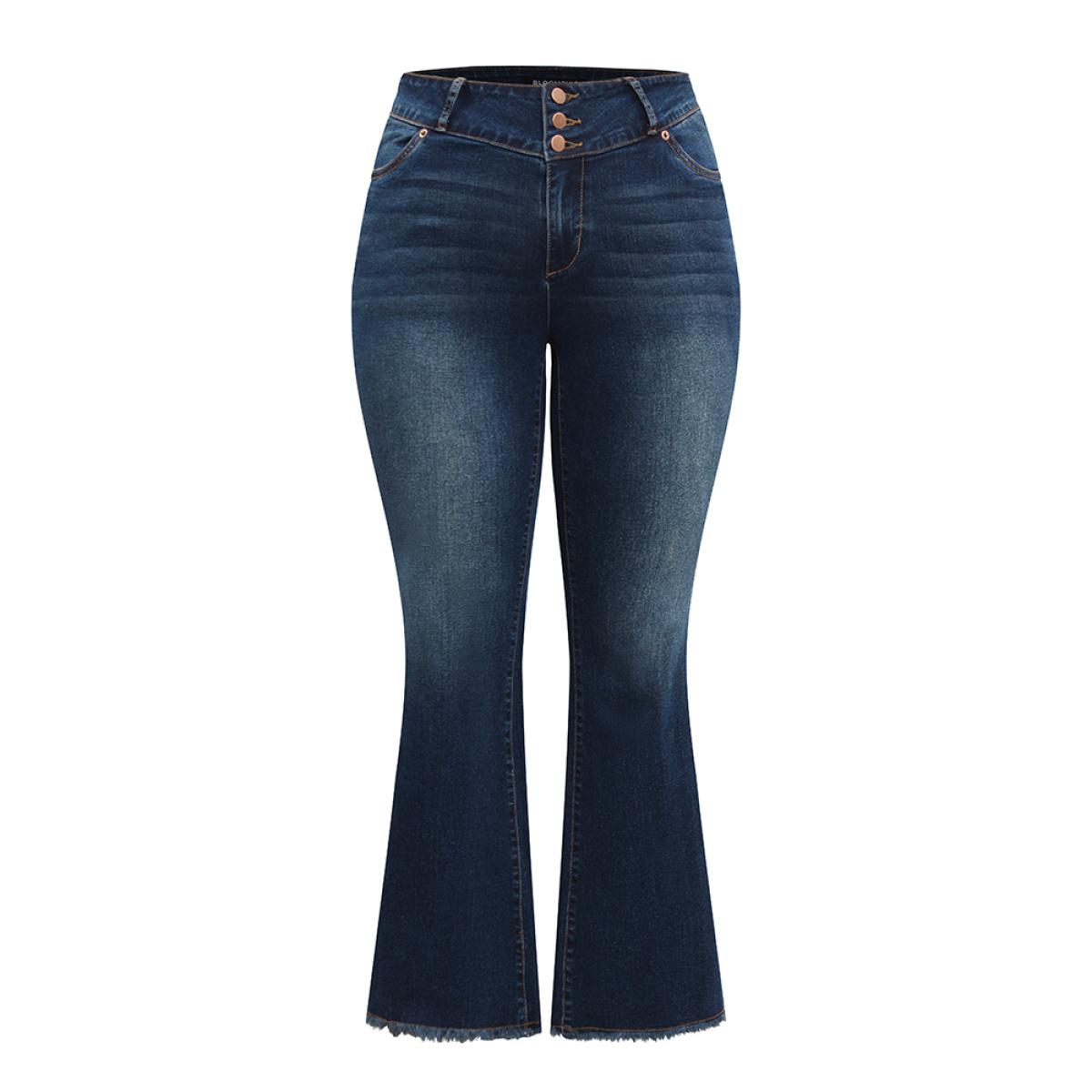 Plus Size Frayed Hem Flare Leg Button Down Jeans Women DarkBlue Casual Plain Plain High stretch Pocket Jeans BloomChic 14/1X Product Image