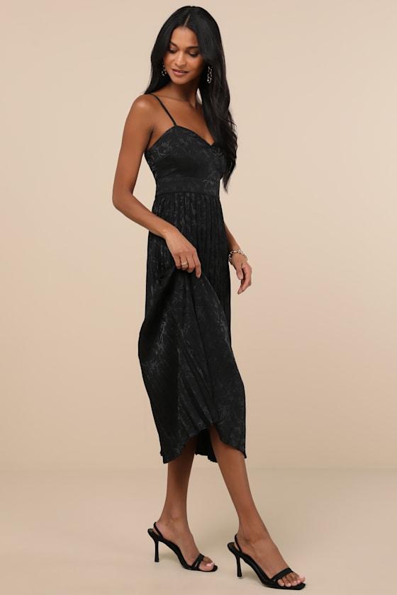 Regal Romance Black Floral Jacquard Pleated Satin Midi Dress Product Image