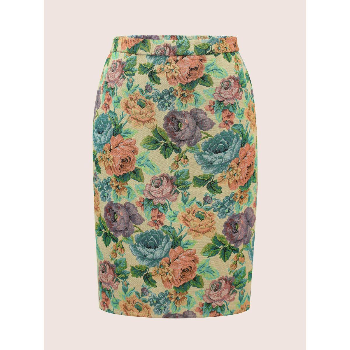 Plus Size Floral Print Elastic Waist Pocket Split Hem Skirt Women LightBrown Elegant Non No stretch Slanted pocket Everyday Skirts BloomChic 22-24/3X Product Image