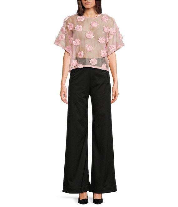 COREY LYNN CALTER Woven 3D Flower Crew Neck Short Sleeve Sheer Top Product Image