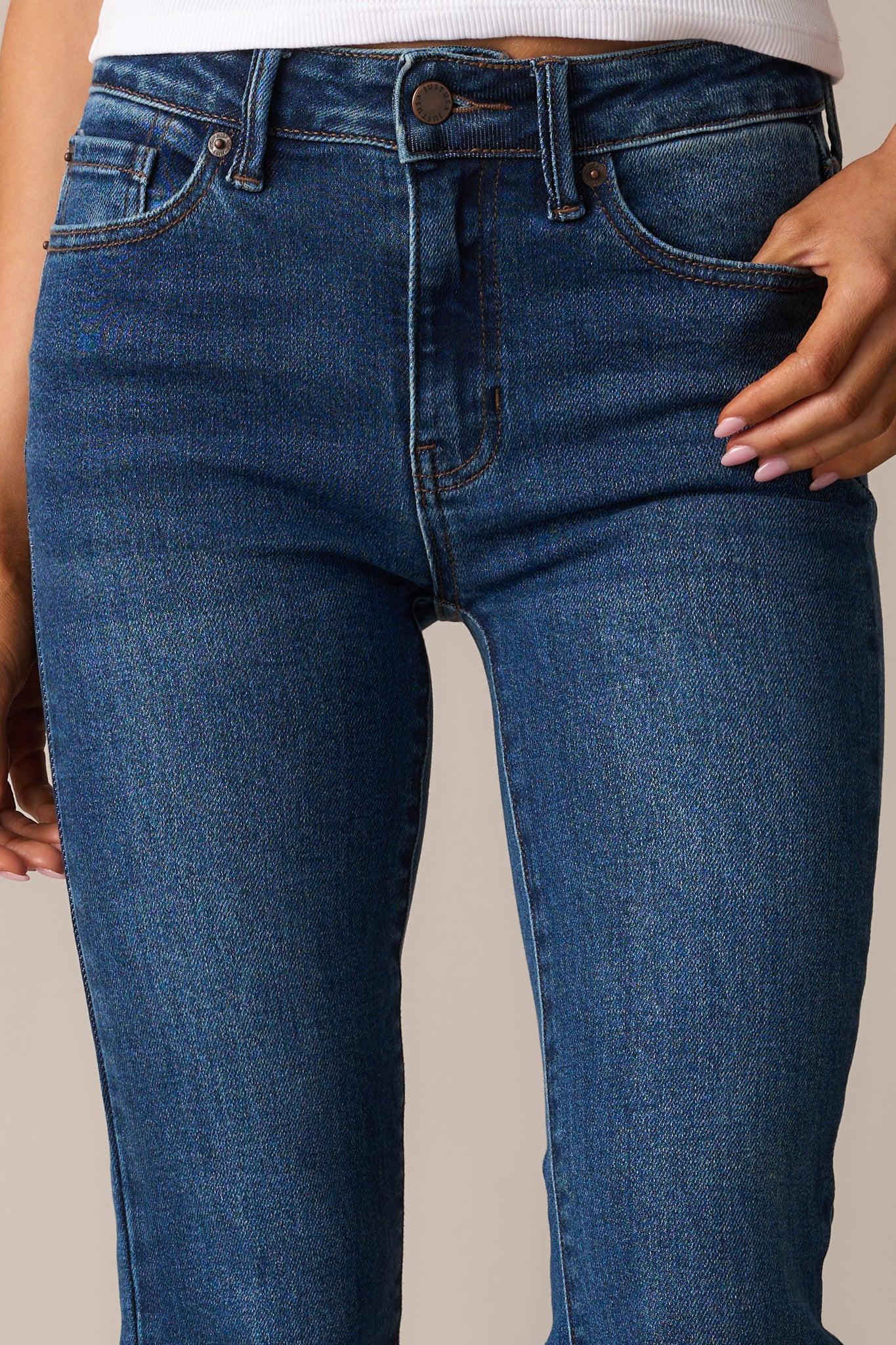 Back And Forth Dark Wash Mid Rise Cropped Flare Jeans Product Image