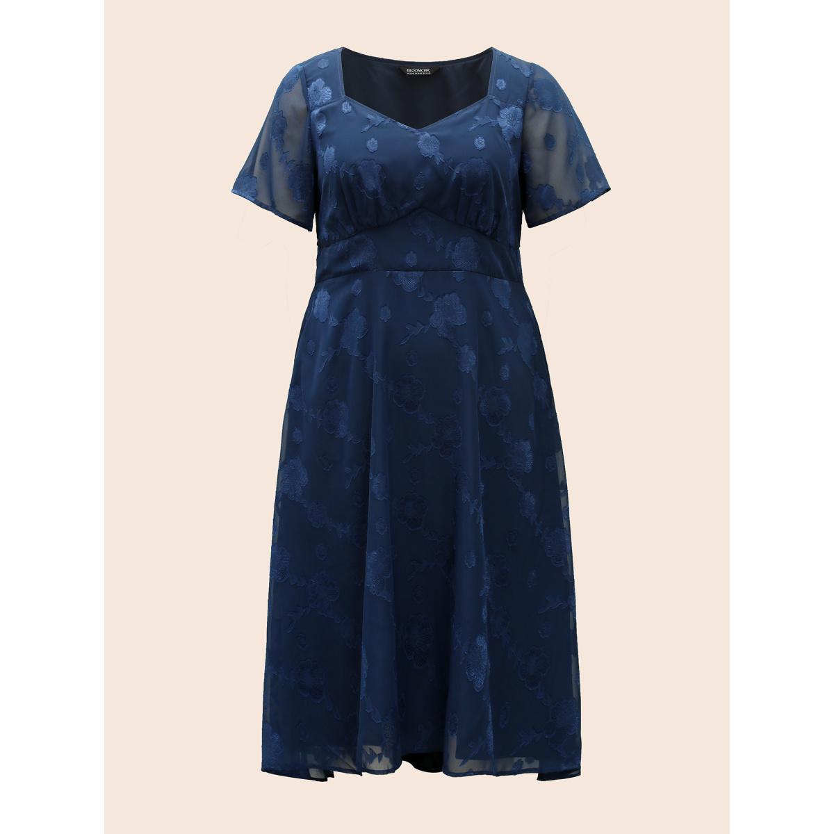 Plus Size Heart Neck Floral Mesh Textured Dress DarkBlue Women Elegant Texture Heart neckline Short sleeve Curvy BloomChic 22-24/3X Product Image