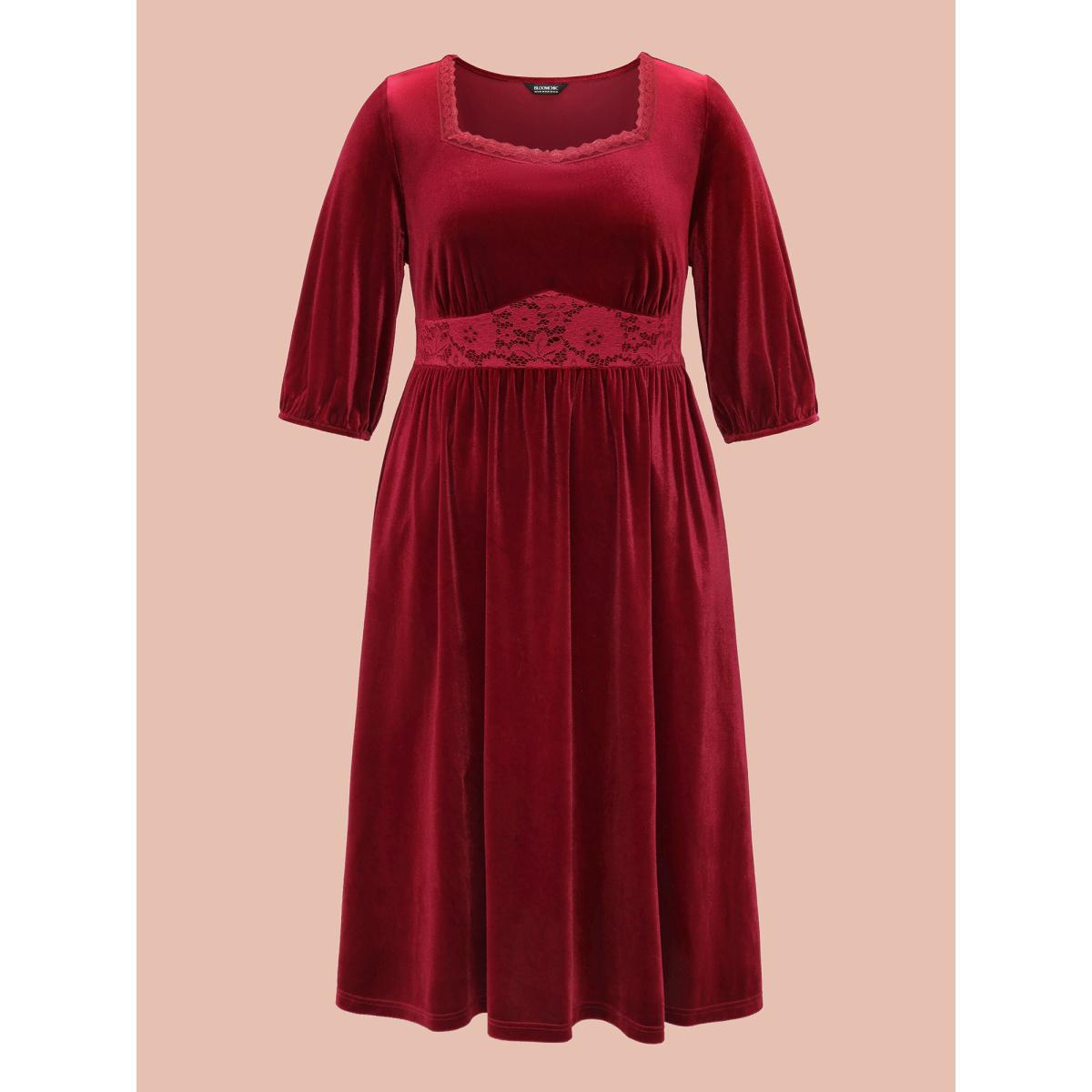 Plus Size Velvet Lace Detail Waist-Cinched Dress Scarlet Women Elegant Woven ribbon&lace trim Heart neckline Elbow-length sleeve Curvy BloomChic 10/M Product Image