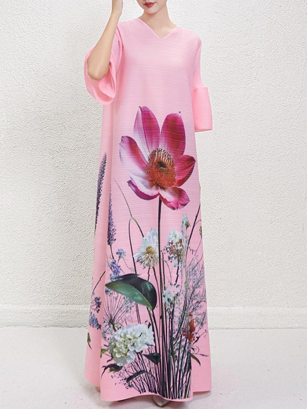 A-Line Flared Sleeves Flower Print Pleated V-Neck Maxi Dresses Product Image