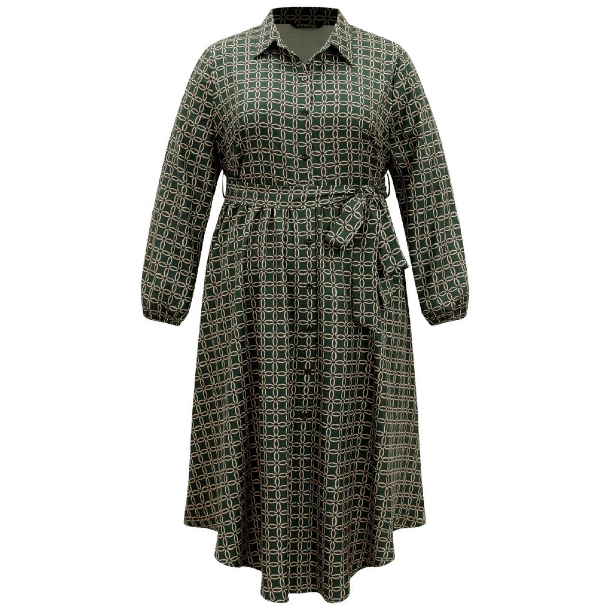 Plus Size Geometric Belted Curved Hem Lantern Sleeve Dress Cyan Women Office Elastic cuffs Shirt collar Long Sleeve Curvy Midi Dress BloomChic 14-16/1X Product Image