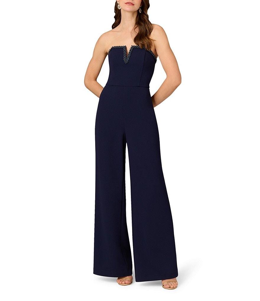 Aidan Mattox Crepe Beaded Strapless Neck Sleeveless Wide Leg Jumpsuit Product Image