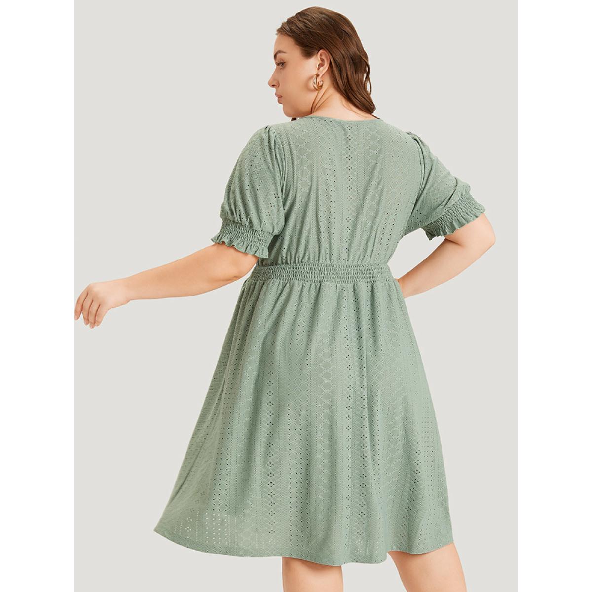 Plus Size Geometric Eyelet Pocket Button Detail Shirred Dress Sage Women Office Elastic cuffs V-neck Short sleeve Curvy Midi Dress BloomChic 14-16/1X Product Image