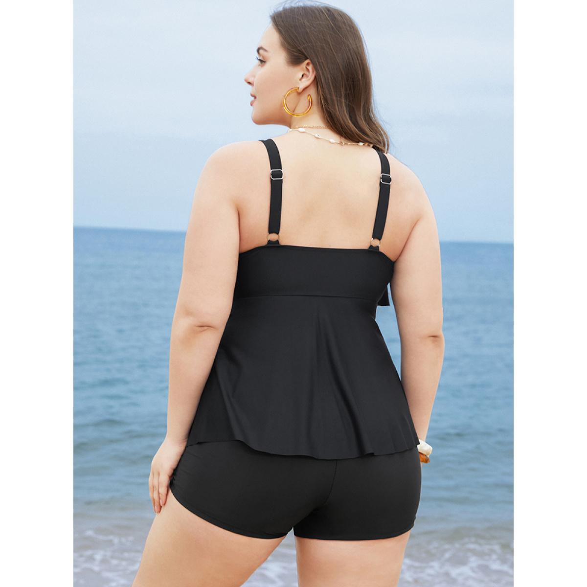 Plus Size Adjustable Straps Asymmetrical Ruffle Tiered Tankini Top Women's Swimwear Black Vacation Adjustable Straps High stretch Bodycon V-neck Curve Swim Tops BloomChic 28/5X Product Image
