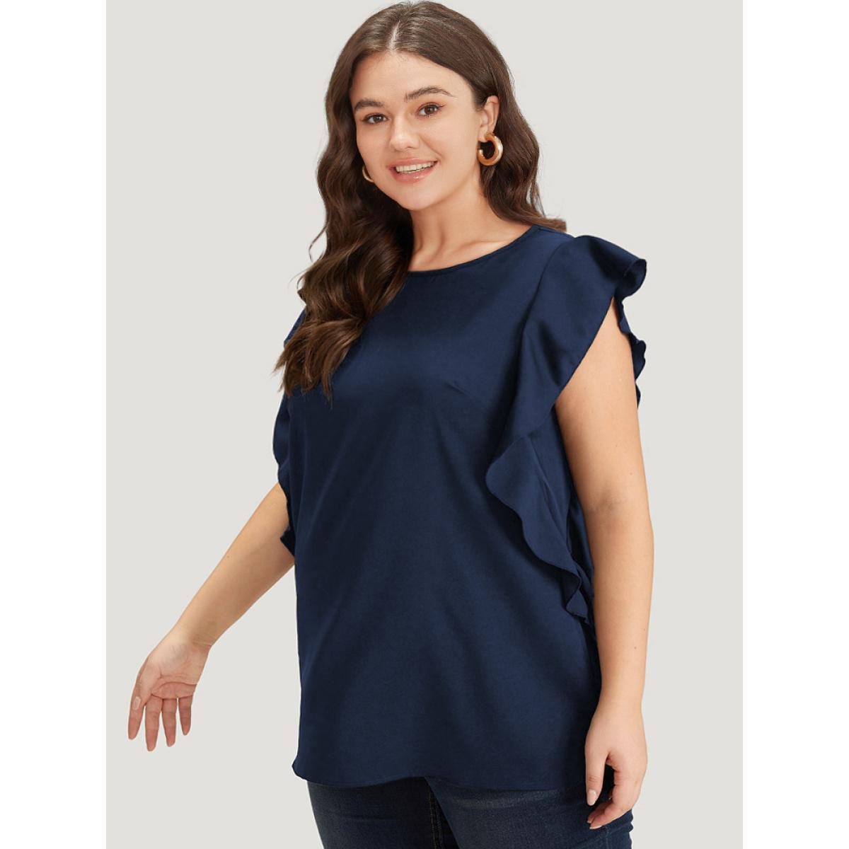 Plus Size Indigo Solid Crew Neck Ruffle Trim Blouse Women Office Cap Sleeve Round Neck Work Blouses BloomChic 12/L Product Image