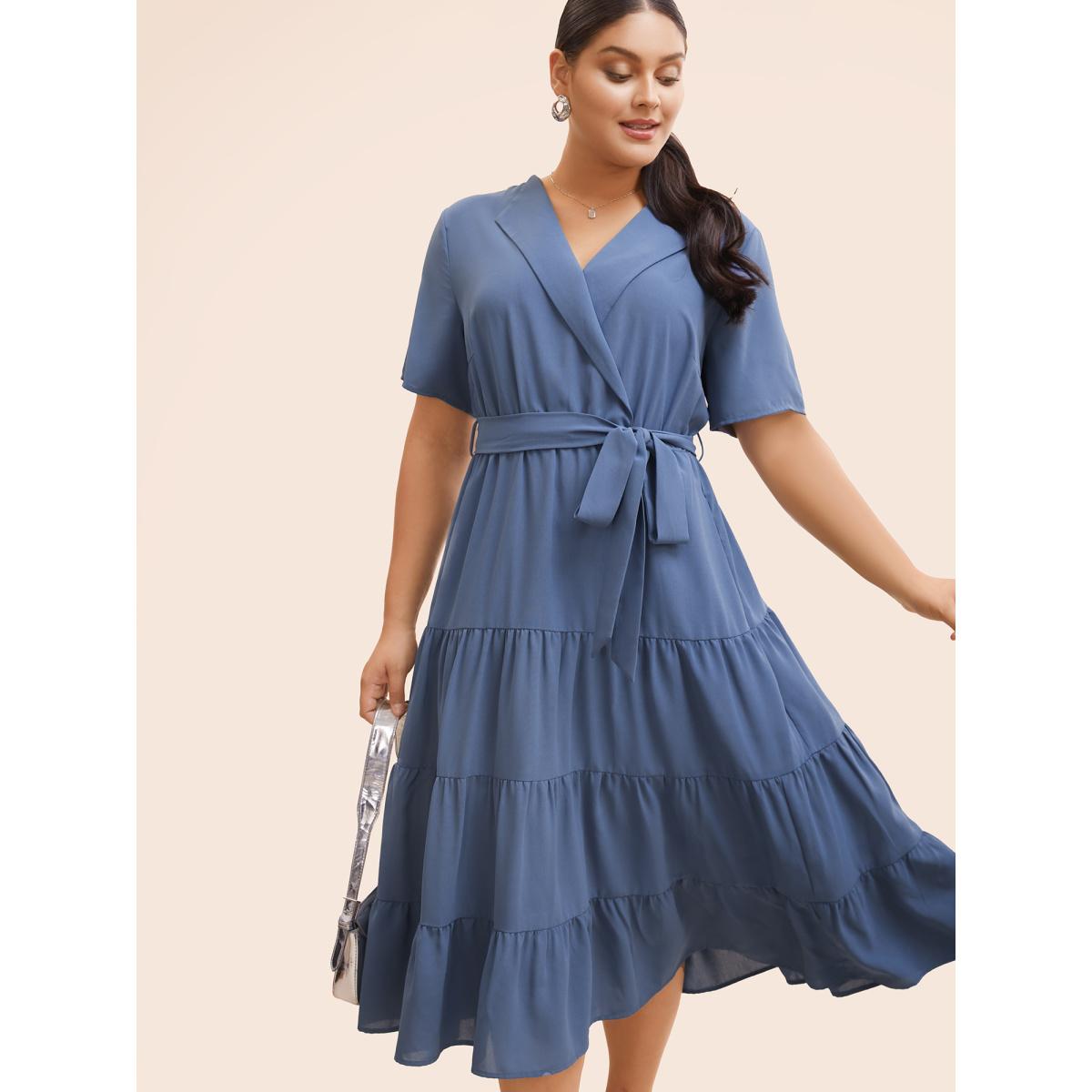 Plus Size Suit Collar Ruffle Layered Hem Dress Stone Women Workwear Essentials Belted Suit Collar Short sleeve Curvy BloomChic 18-20/2X Product Image
