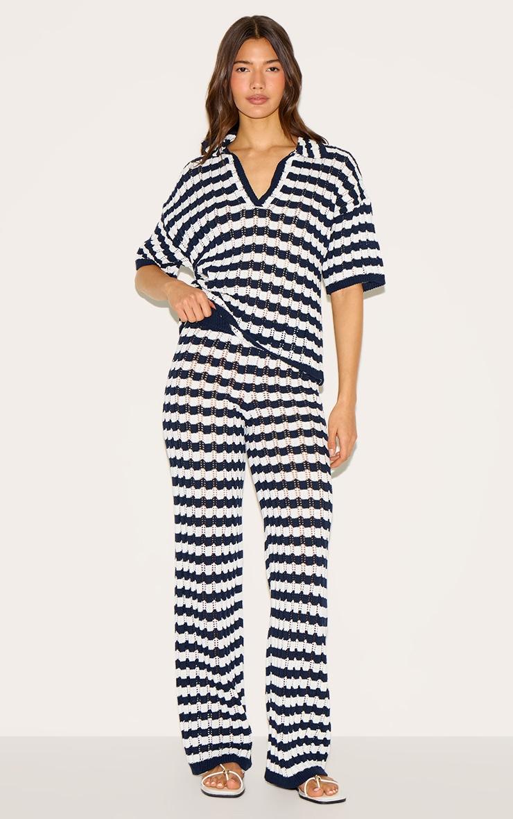  Navy Crochet Stripe Rugby Knit Top Product Image