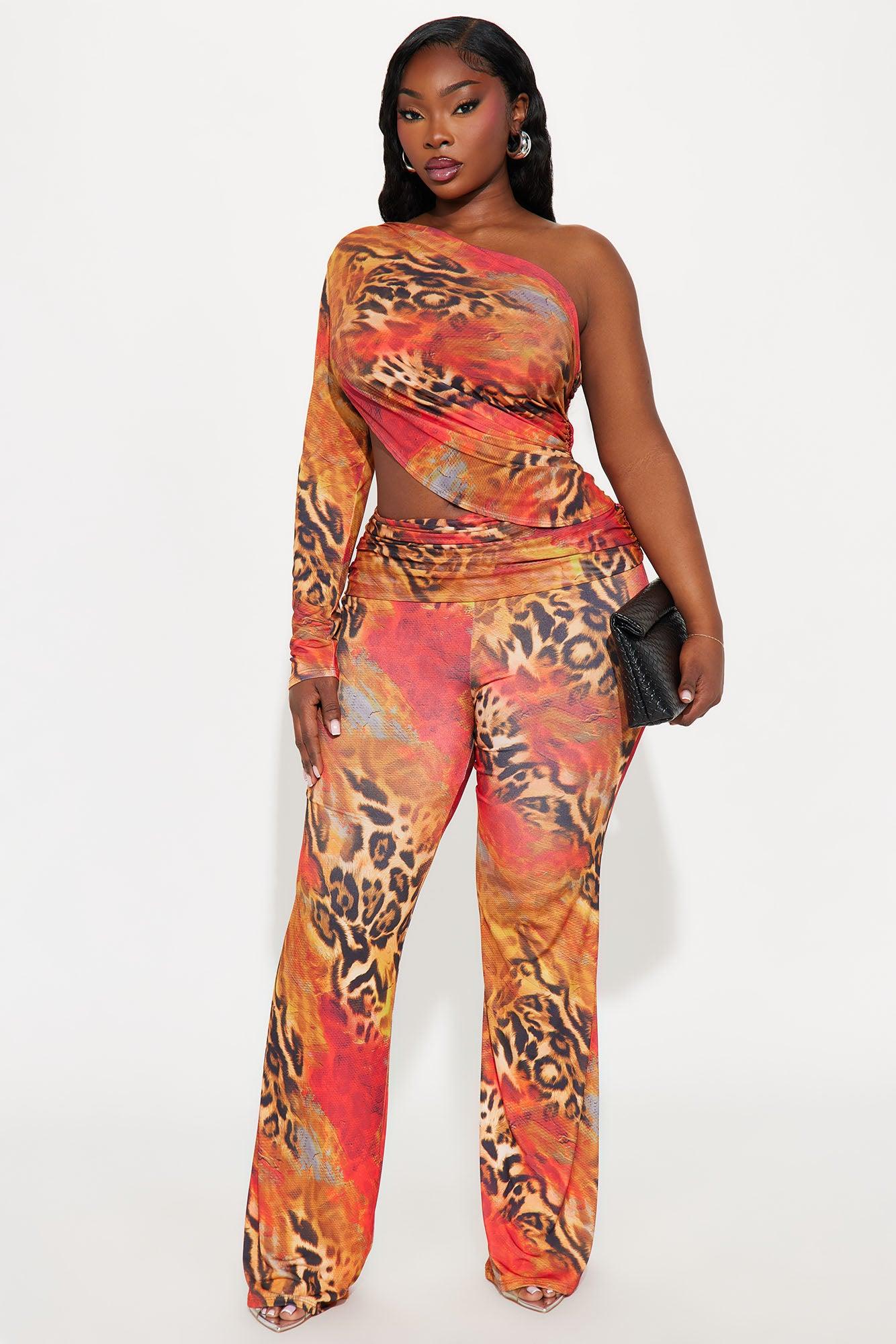 Nyla One Shoulder Leopard Pant Set - Orange/combo Female Product Image