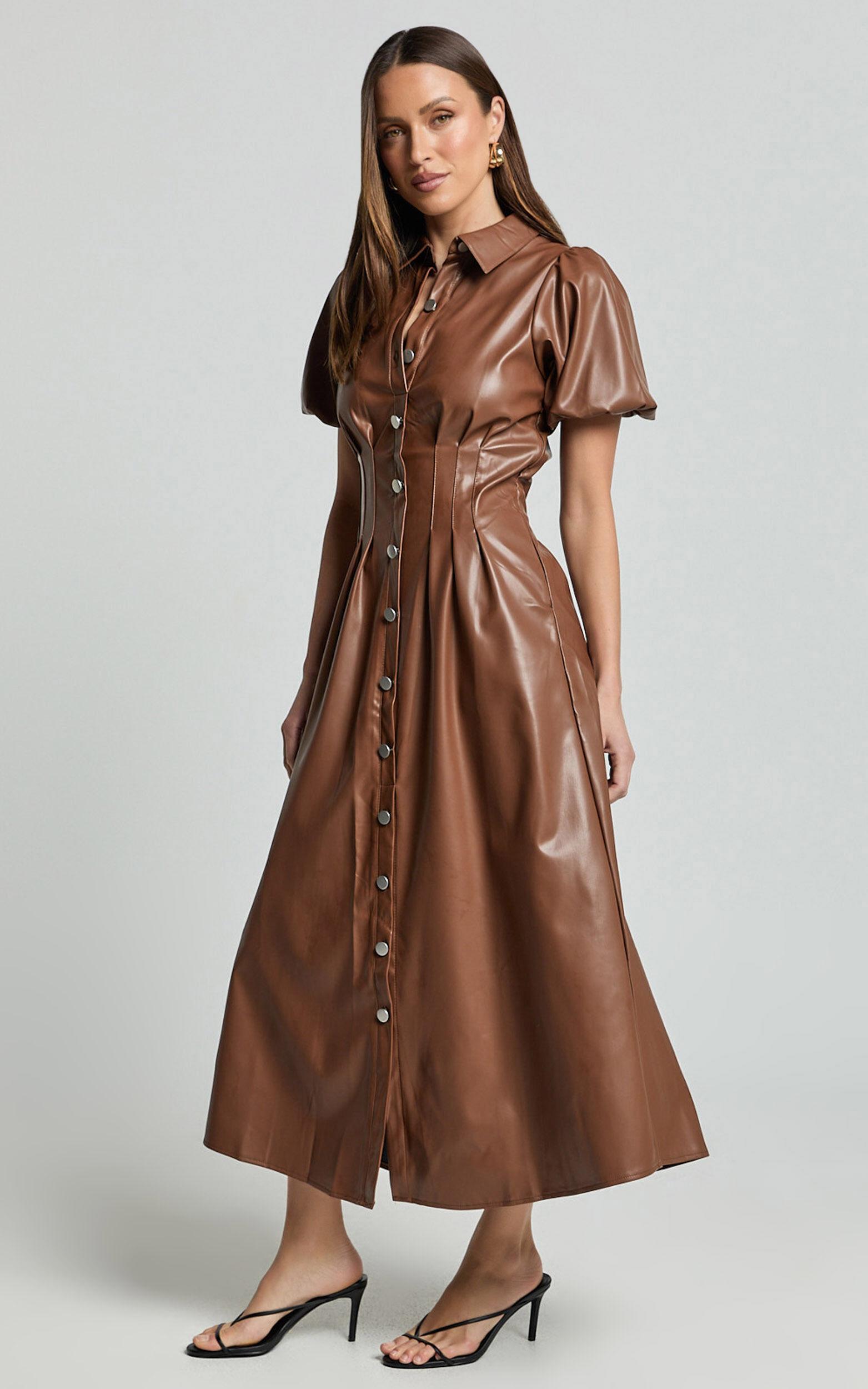 Ziva Midi Dress - Short Puff Sleeve Button Through Dress in Chocolate Product Image