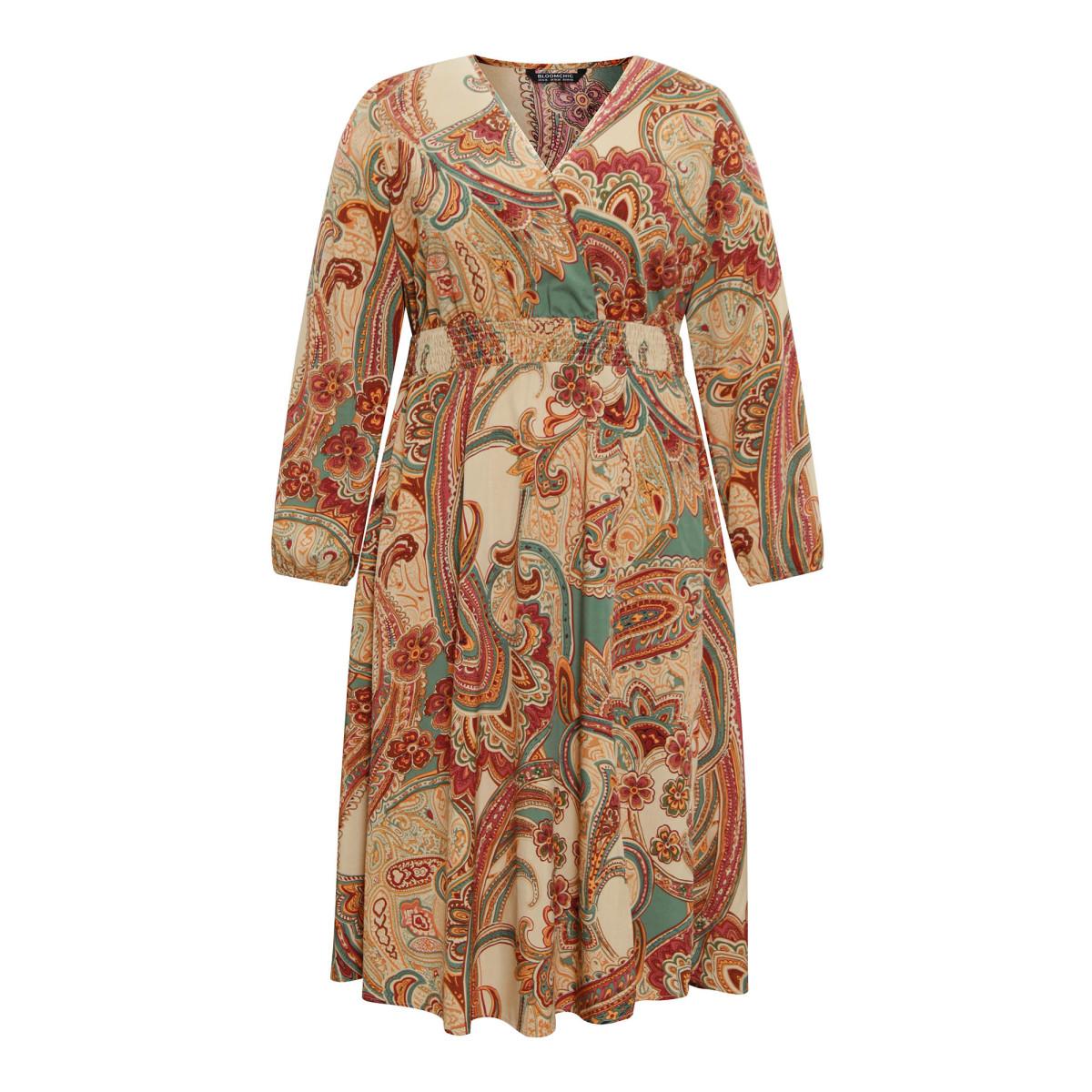 Plus Size Paisley Shirred Split Side Overlap Collar Dress Apricot Women Vacation Elastic cuffs Overlap Collar Long Sleeve Curvy Midi Dress BloomChic 14-16/1X Product Image