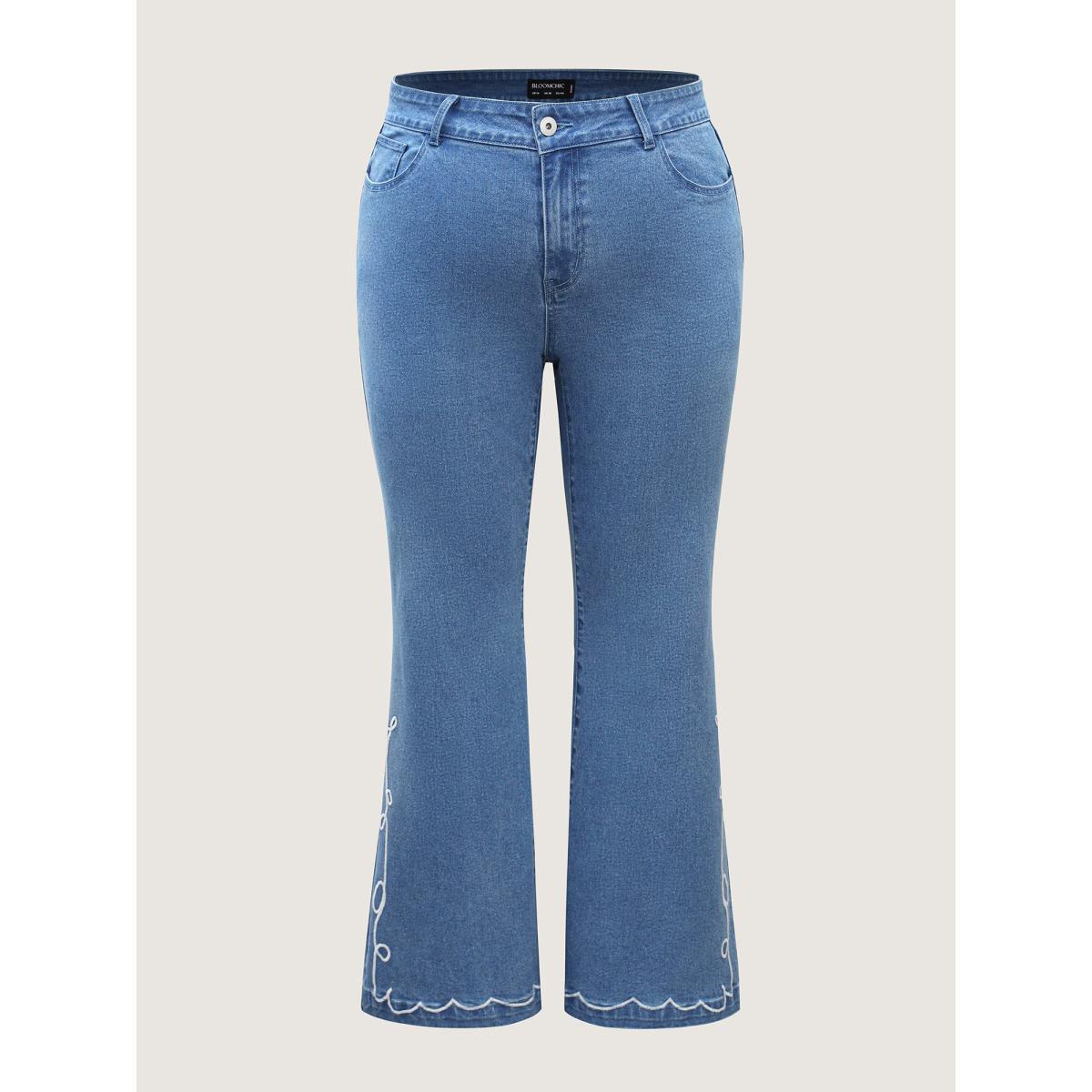 Plus Size Wavy Embroidered Hem Mid Rise Jeans Women Denimblue Medium stretch Slanted pocket Jeans BloomChic 30/6X Product Image