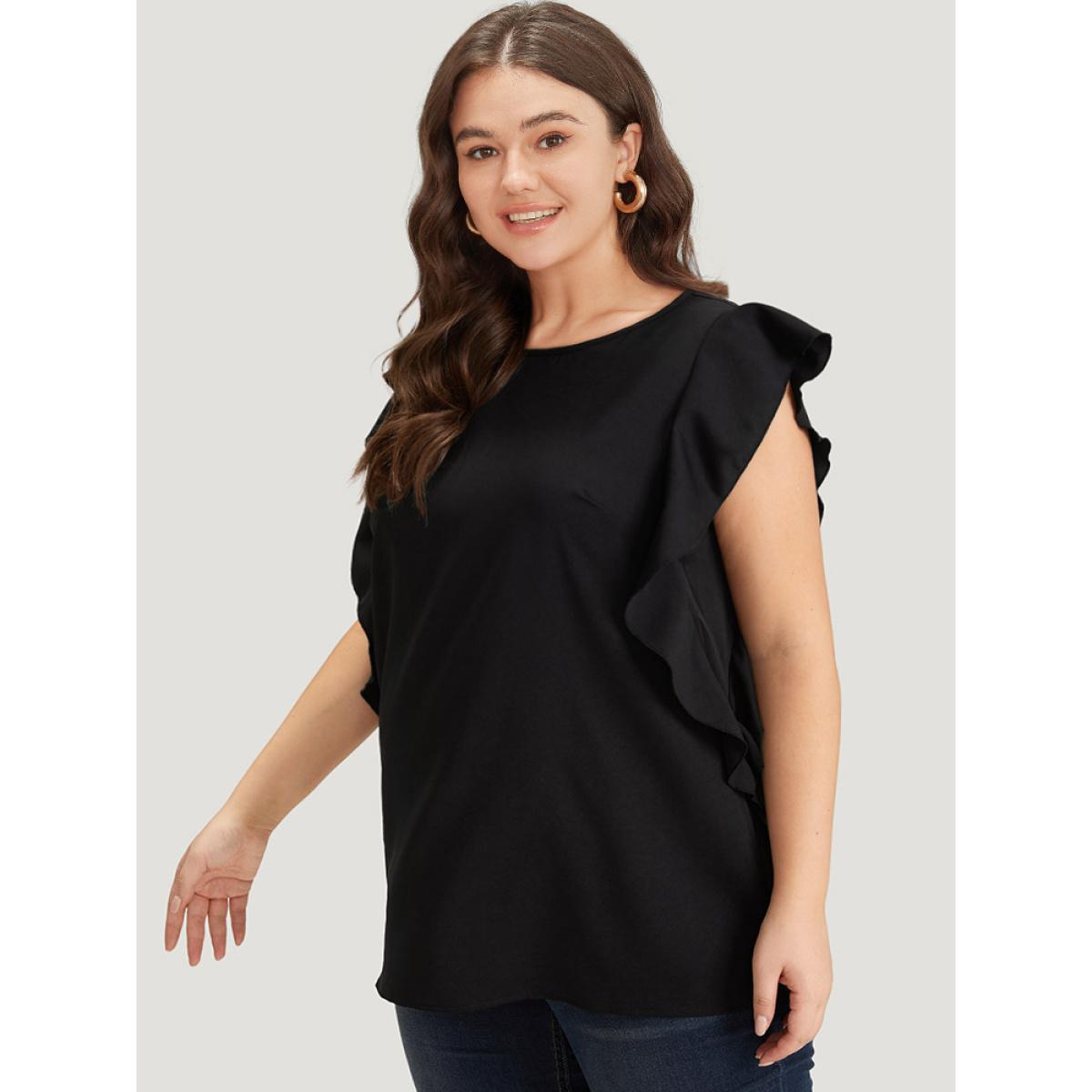 Plus Size Black Solid Crew Neck Ruffle Trim Blouse Women Office Cap Sleeve Round Neck Work Blouses BloomChic 26/4X Product Image