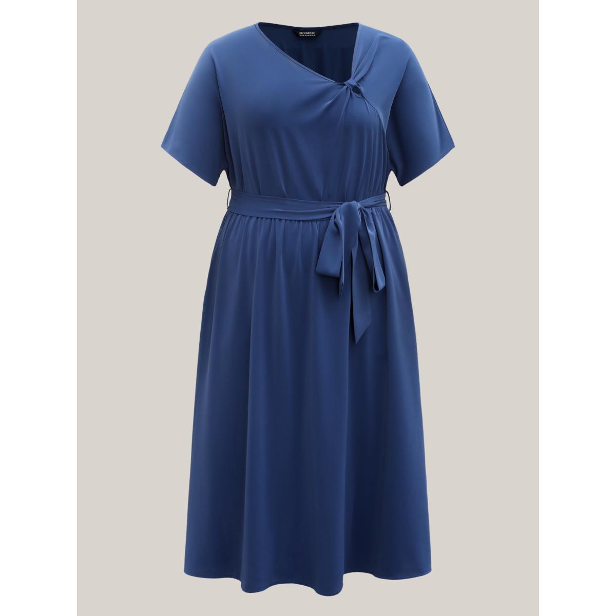 Plus Size Keyhole Belted Pockets Plain Midi Dress Mediumblue Women Asymmetrical Neck Short sleeve Curvy BloomChic 18-20/2X Product Image