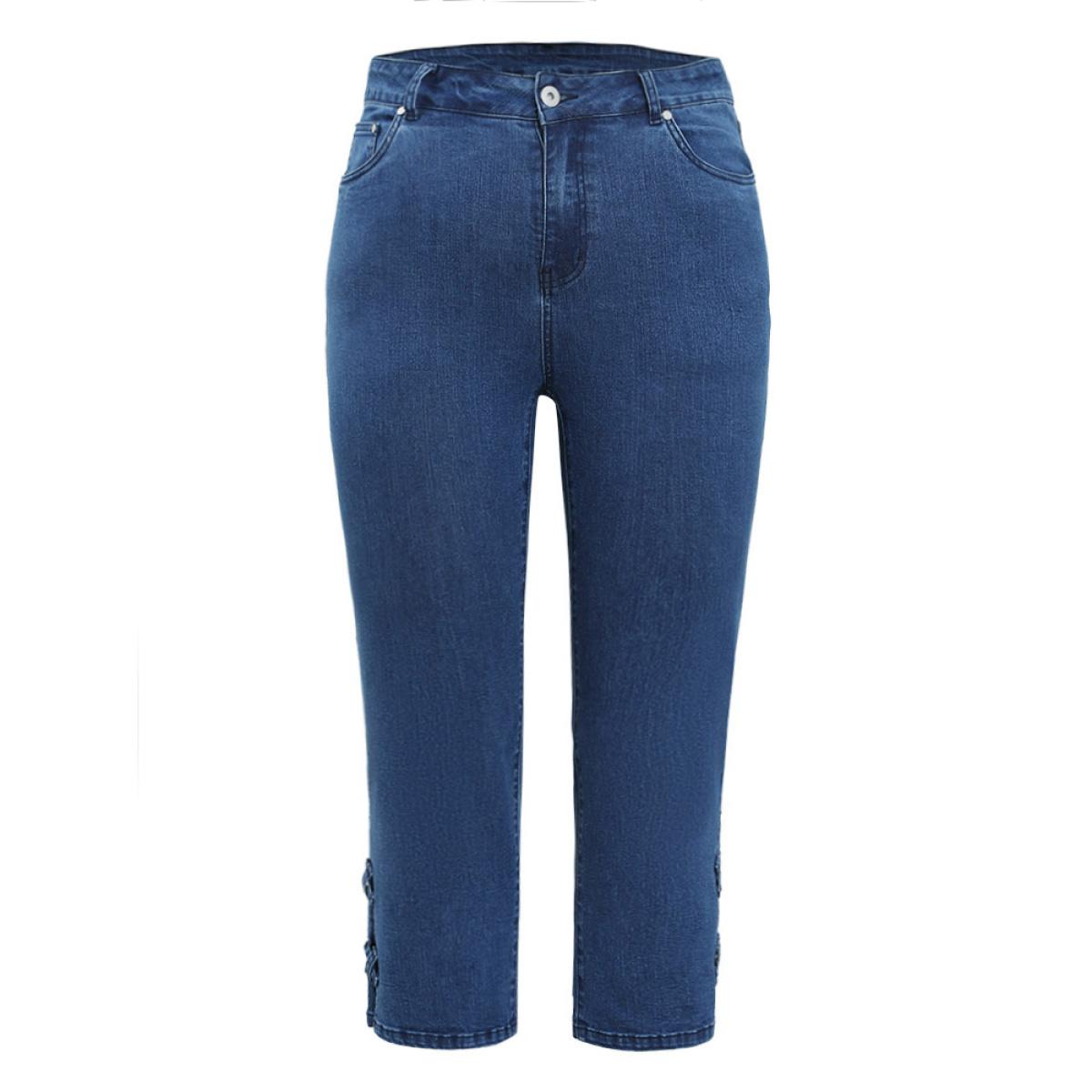 Plus Size Very Stretchy Medium Wash Patched Detail Cut Out Jeans Women Blue Casual Plain Cut-Out High stretch Pocket Jeans BloomChic 12/L Product Image