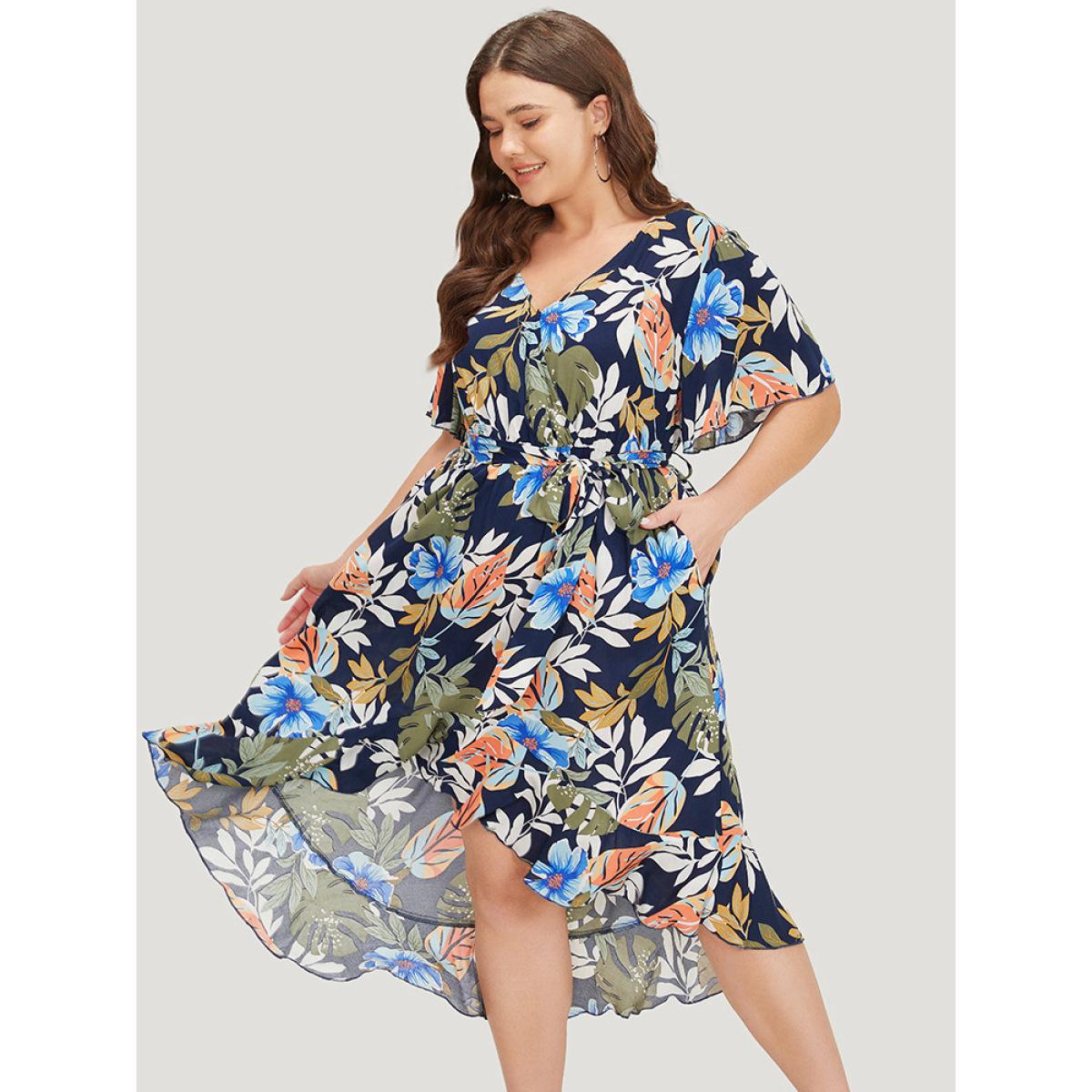 Plus Size Floral High Low Hem Pocket Ruffles Wrap Dress Indigo Women Elegant Wrap V-neck Short sleeve Curvy Midi Dress BloomChic 22-24/3X Product Image
