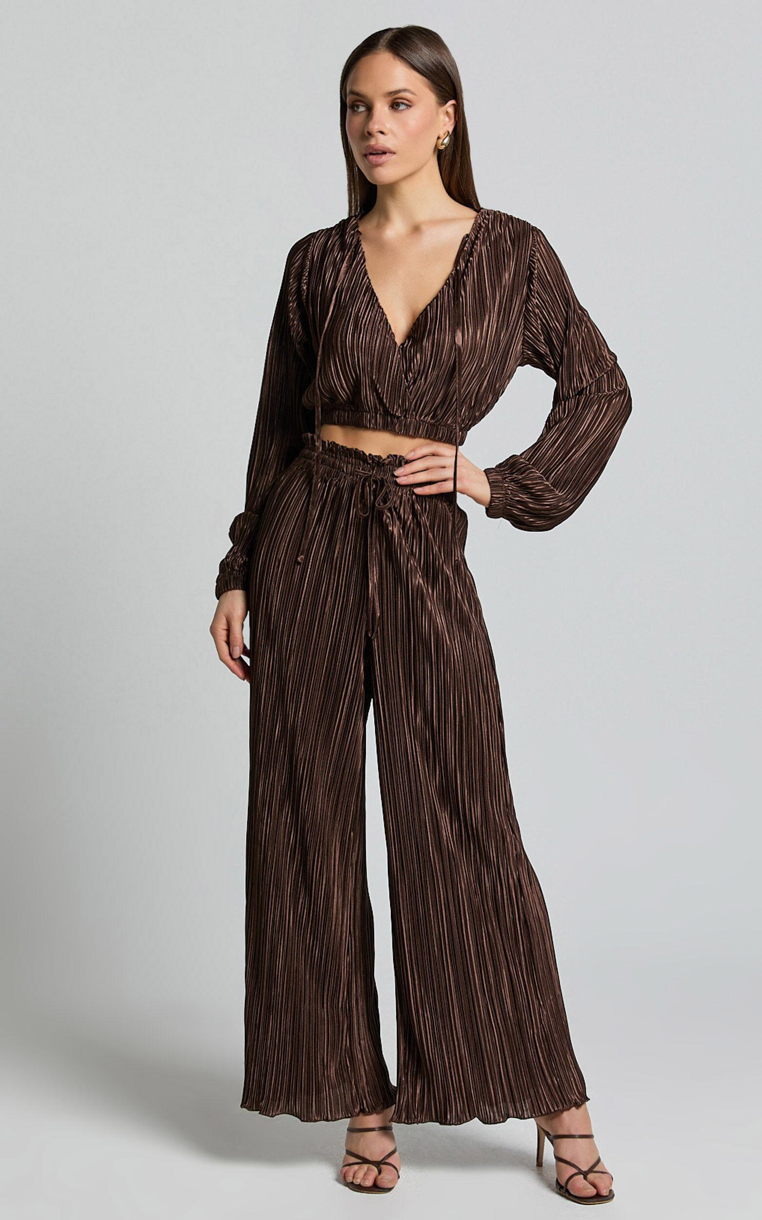 Kallie Top - Tie Back Plisse Long Sleeve Crop Top in Chocolate Product Image