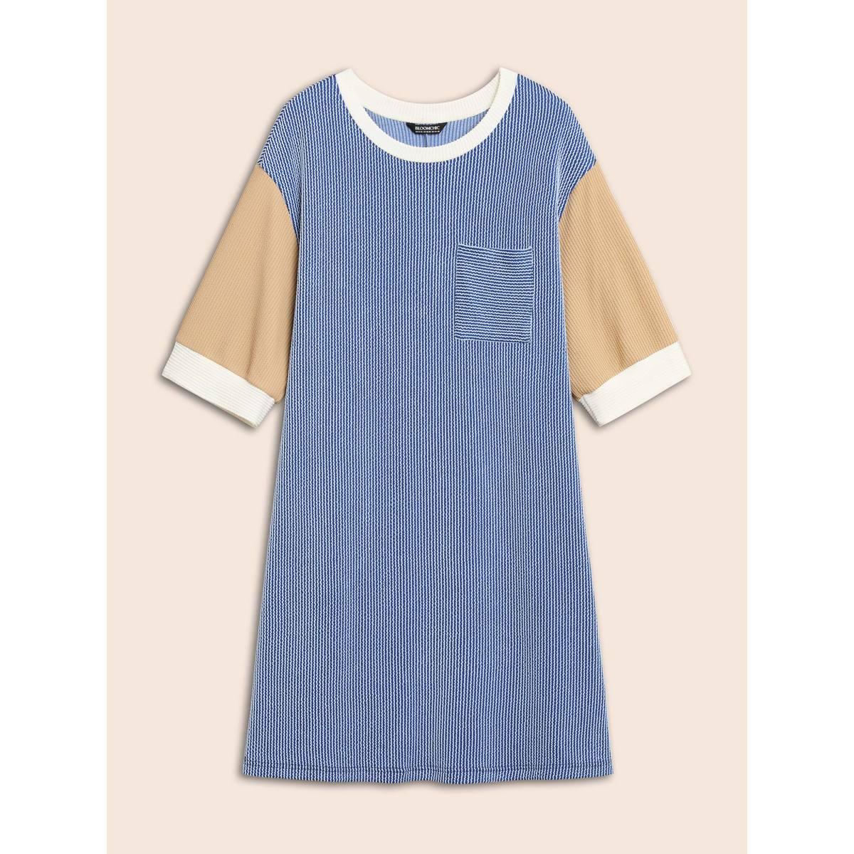 Plus Size Texture Contrast Patchwork Patched Pocket Dress Bluepurple Women Casual Texture Knit Dresses Bloomchic 26/4X Product Image