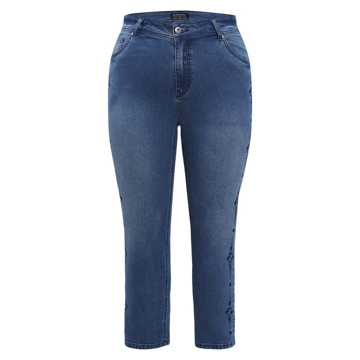 Plus Size Very Stretchy Medium Wash Geometric Embroidered Jeans Women Indigo Casual Plain Embroidered High stretch Jeans BloomChic 12/L Product Image
