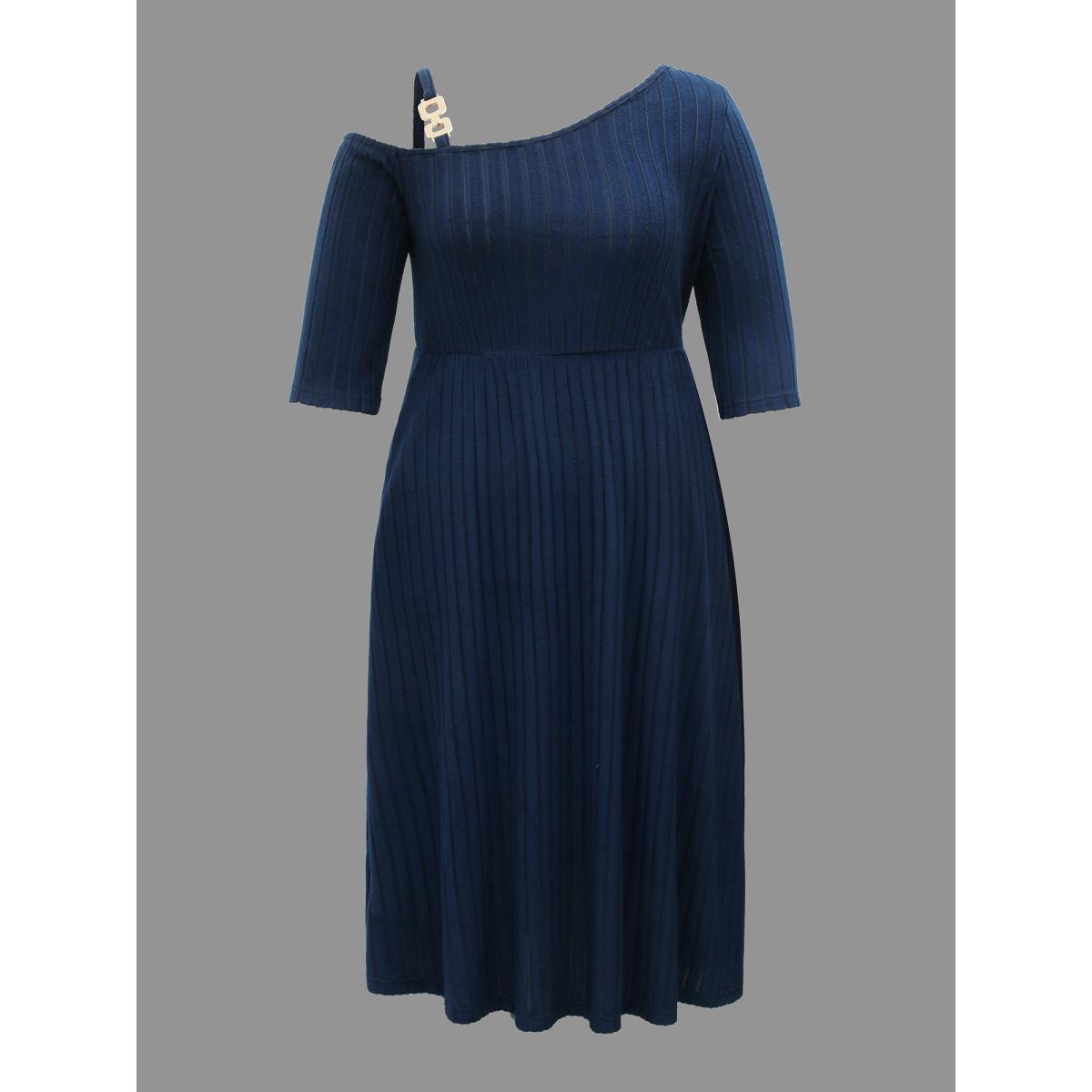 Plus Size One-Shoulder Pit-Strip Knit Buckle Midi Dress DarkBlue Women Casual Texture Knit Dresses Bloomchic 10/M Product Image