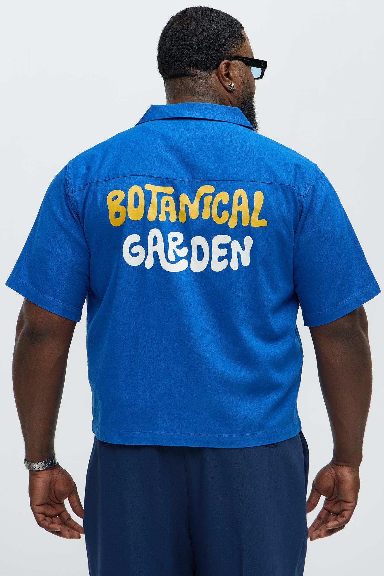 Botanical Garden Cropped Short Sleeve Button Up Shirts - Blue Product Image